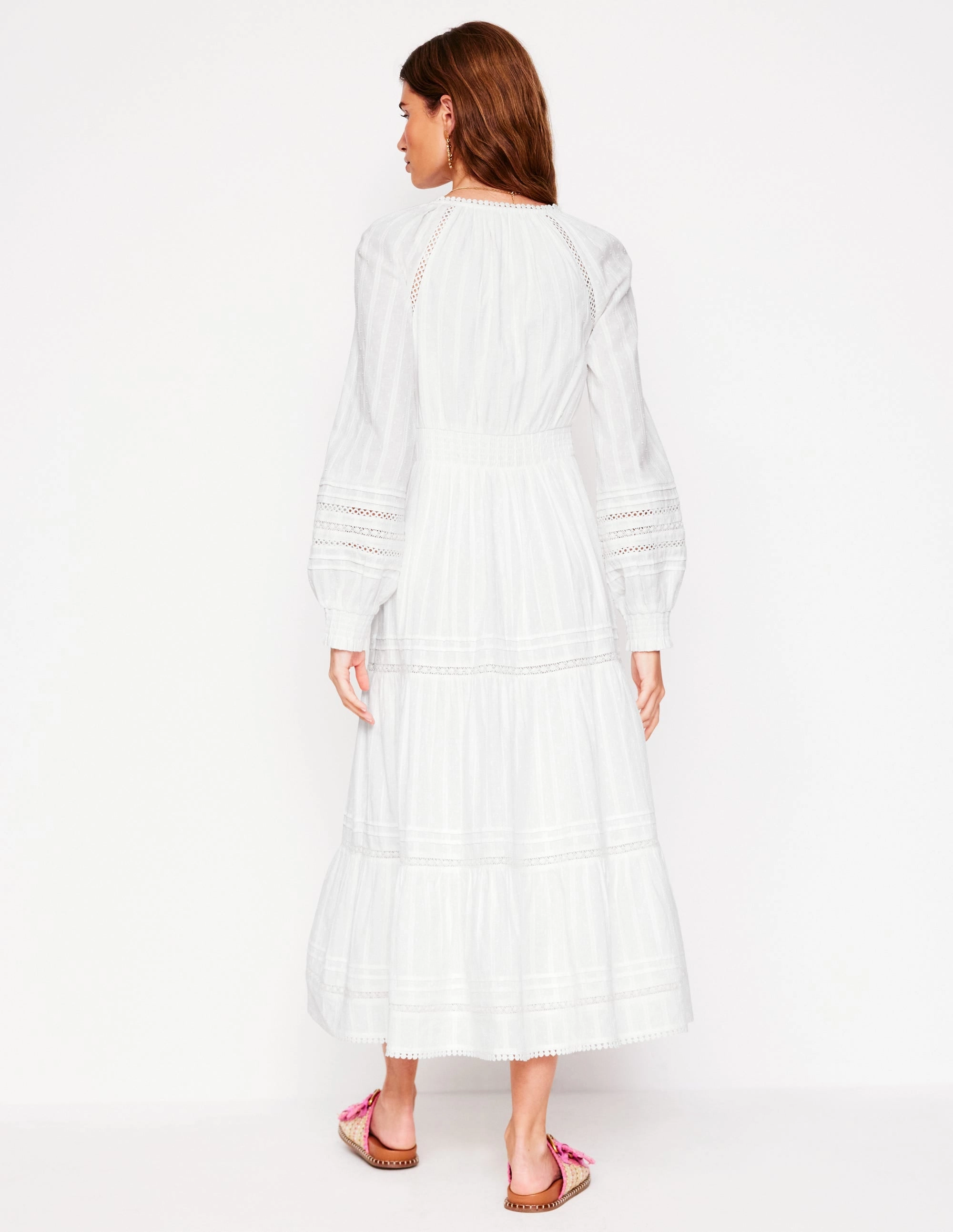 Soft and Stylish Fall Silhouette Ruffle Smocked Cotton Dress-White