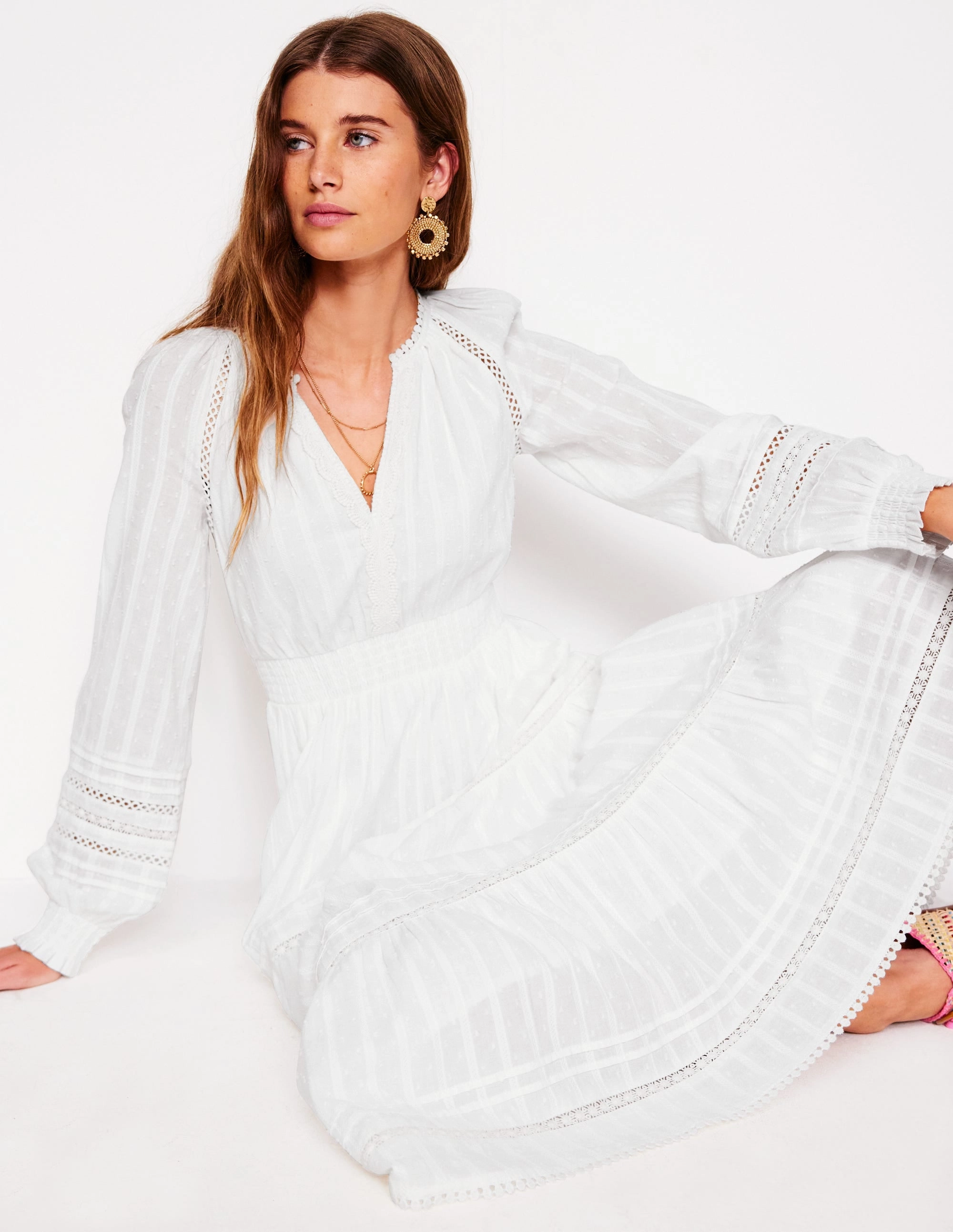 Ruffle Smocked Cotton Dress-White Eye Appeal Soft Comfort