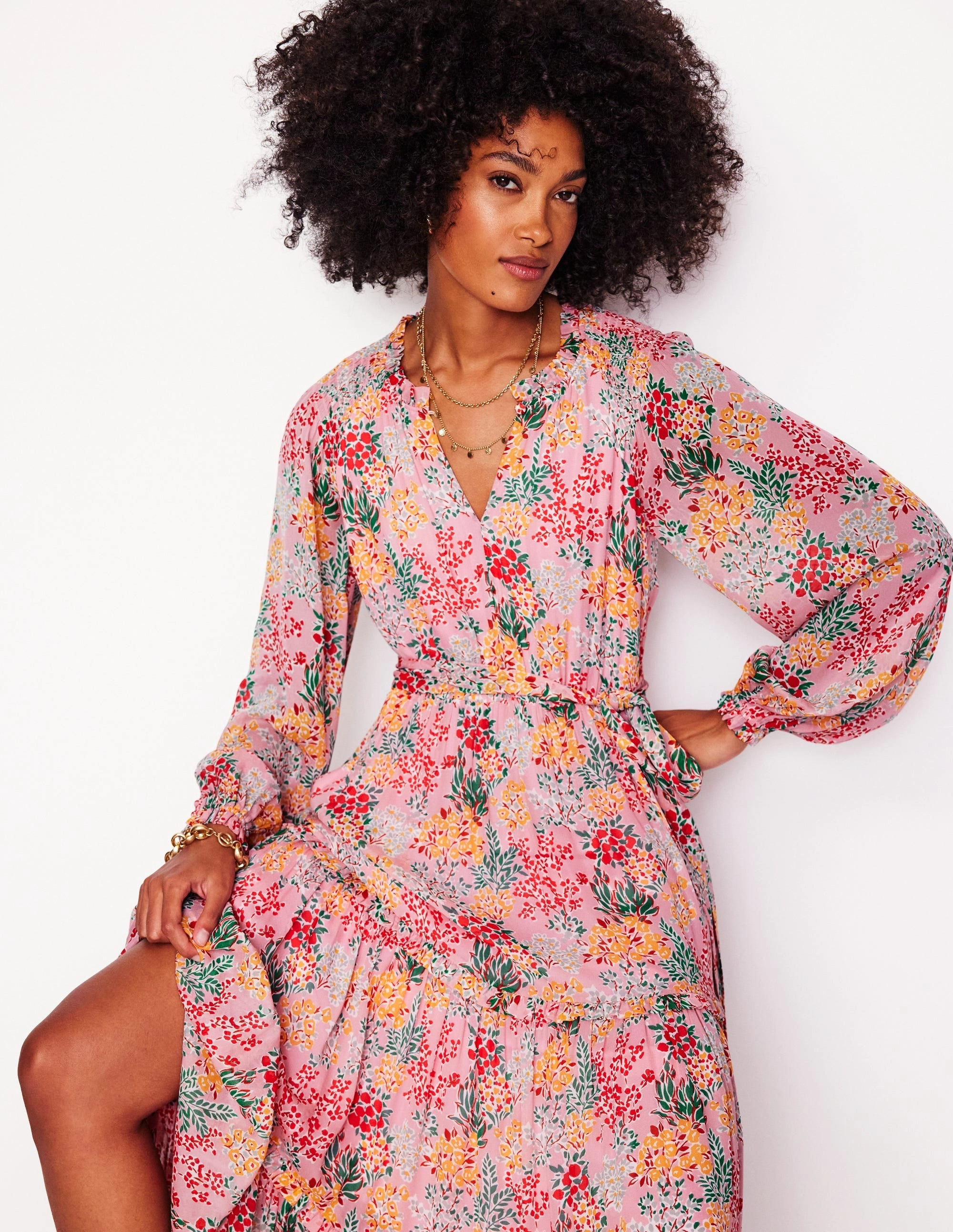 Ruffle Smocked Midi Dress-Almond Pink, Garden Bouquet Comfy and Chic Subtle Detail