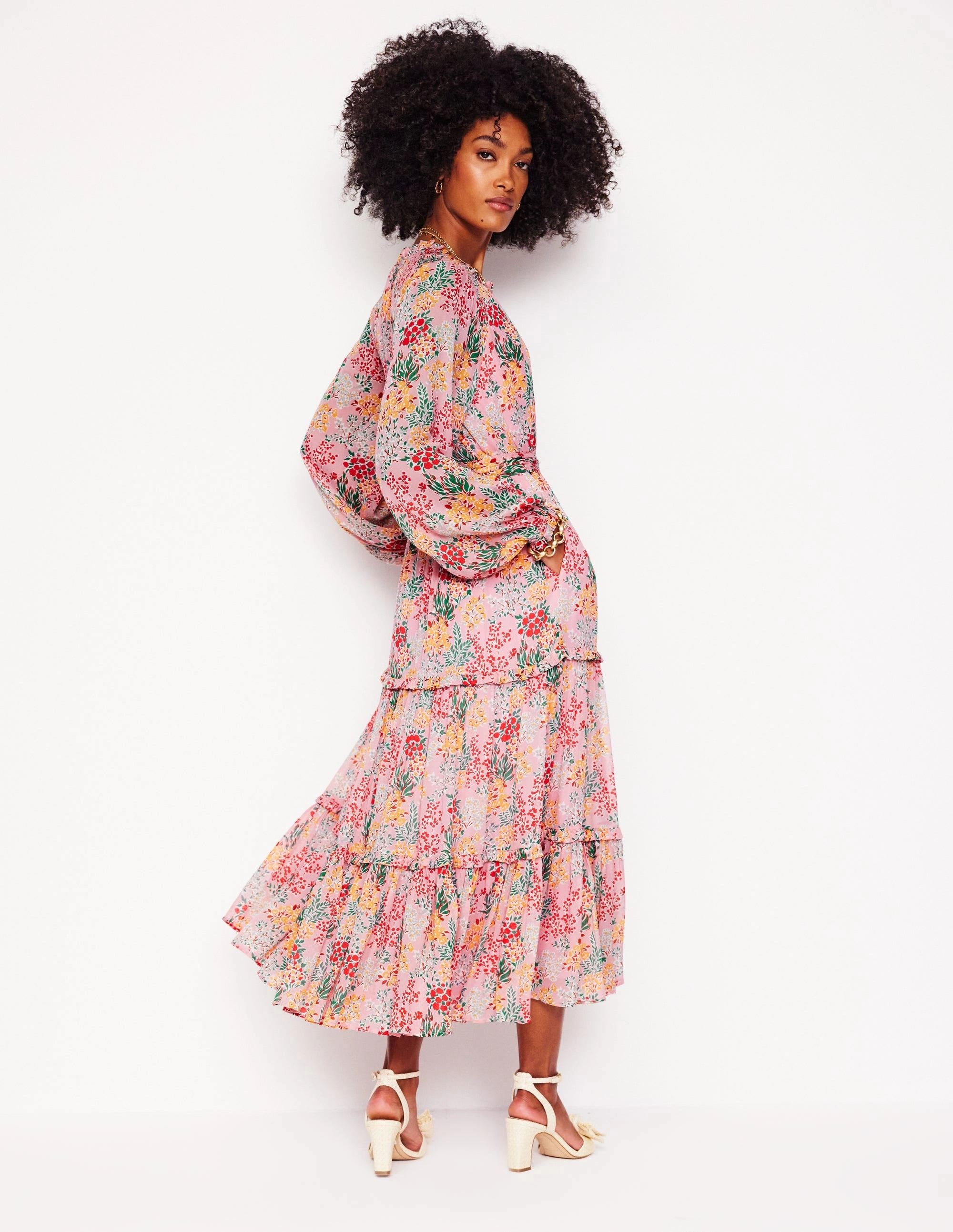 Fashion-forward day dress Bold Cut Ruffle Smocked Midi Dress-Almond Pink, Garden Bouquet