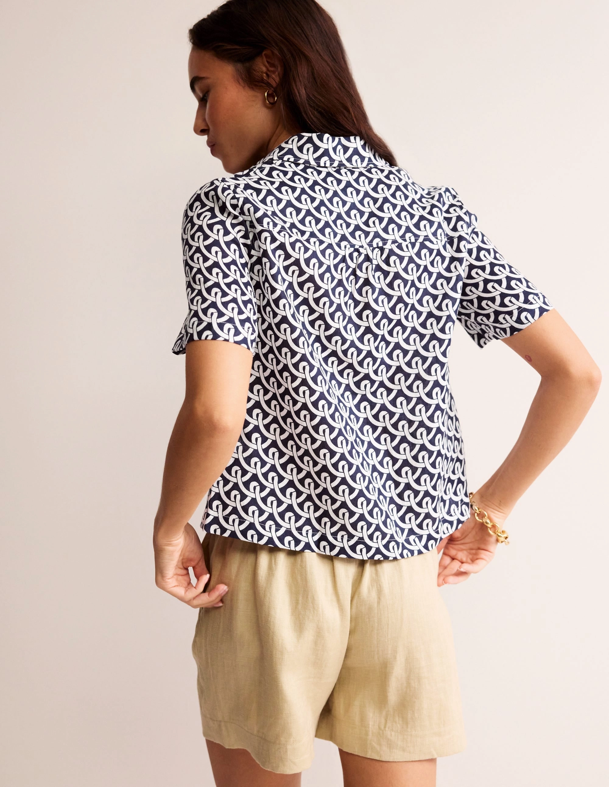 Picnic Hazel Short Sleeve Linen Shirt-Navy, Geo Terrace