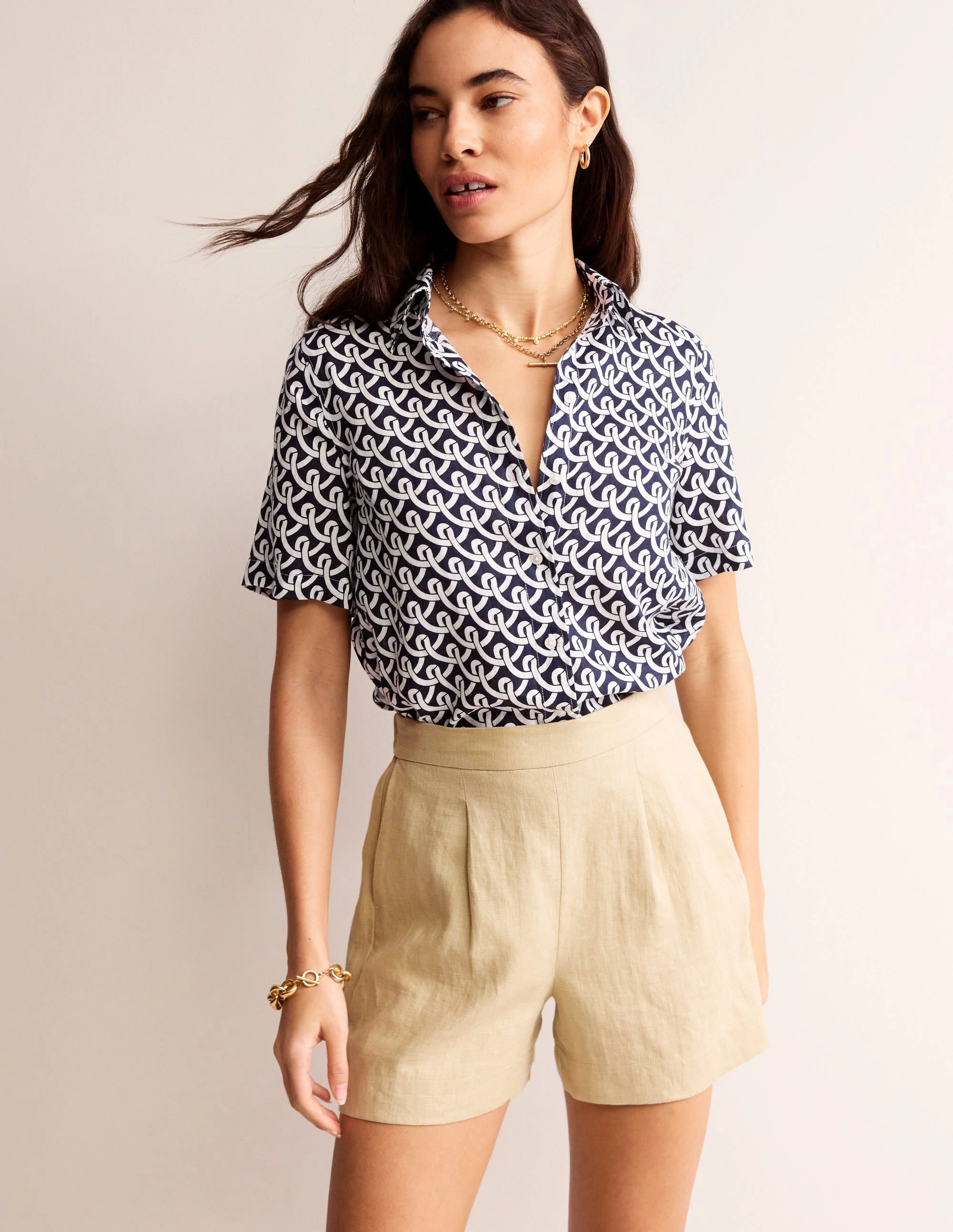 Hazel Short Sleeve Linen Shirt-Navy, Geo Terrace Soft Base