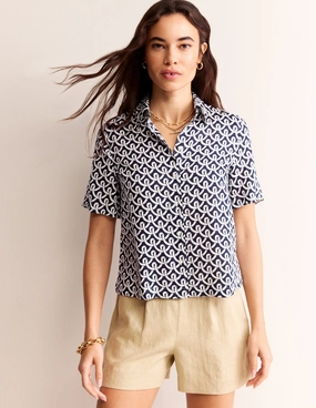 Hazel Short Sleeve Linen Shirt-Navy, Geo Terrace Summer Essential Soft Lining