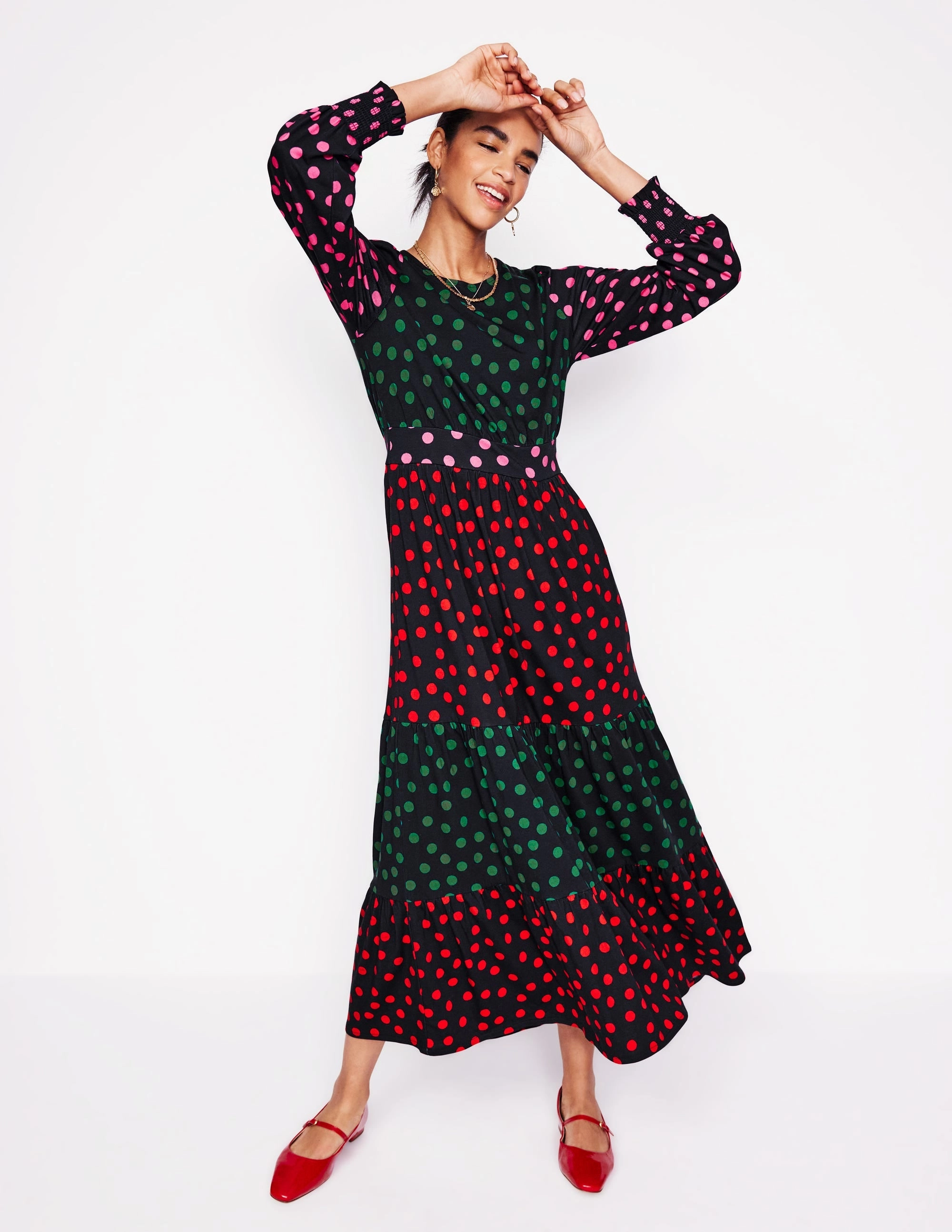 Dark Tones Autumn-Season Tabitha Tiered Jersey Dress-Multi, Abstract Dot