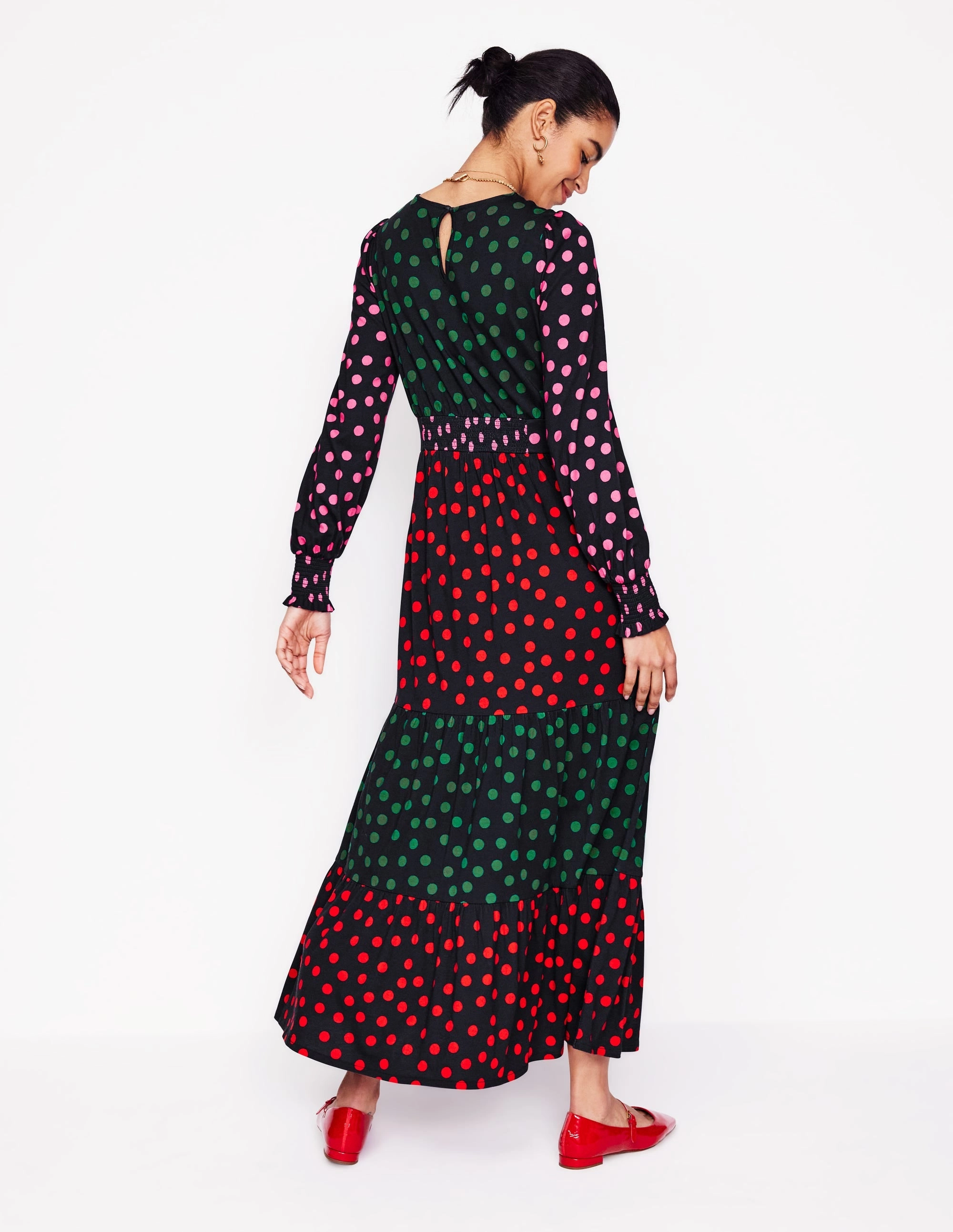 Tabitha Tiered Jersey Dress-Multi, Abstract Dot Work-Ready Look Silky Form