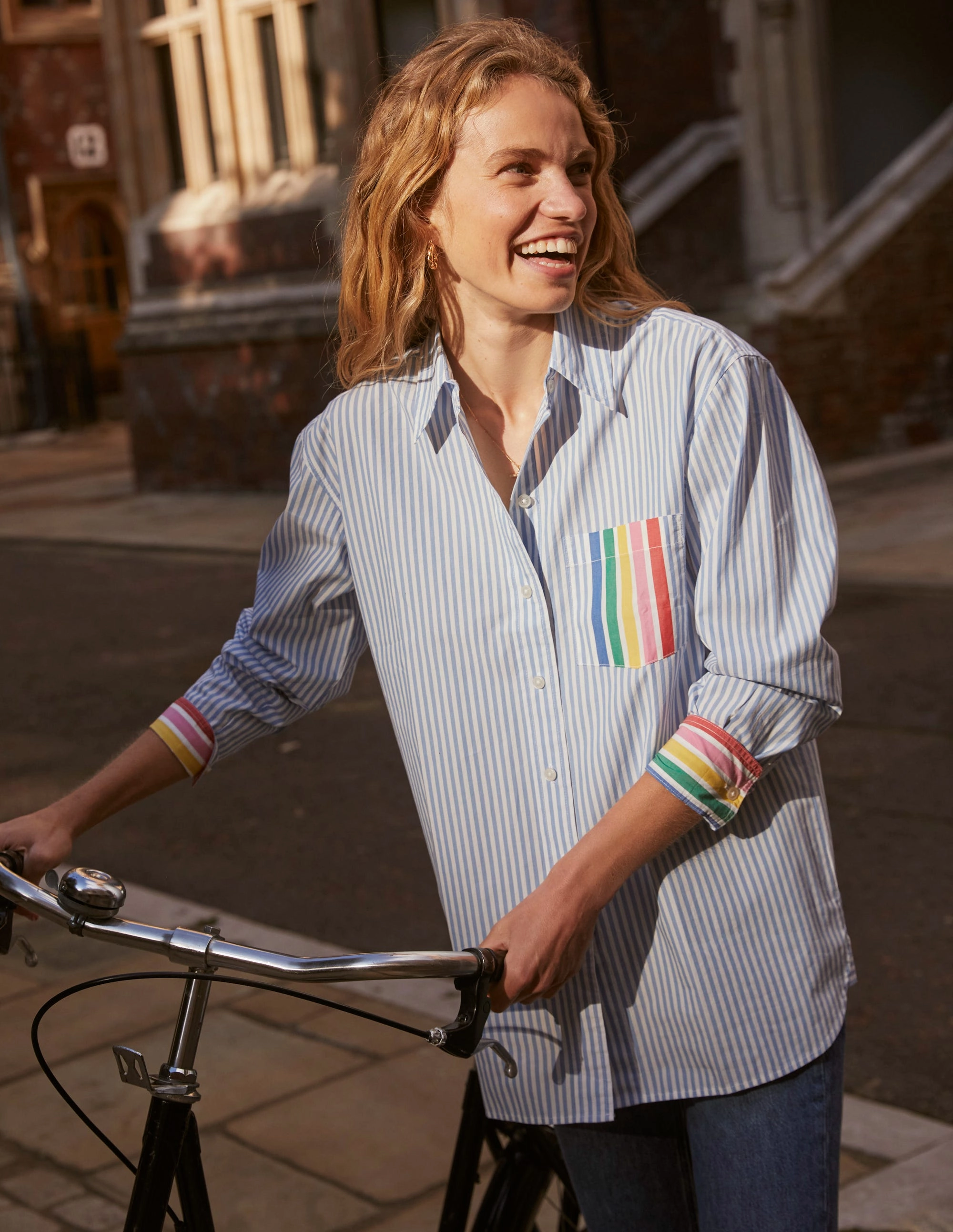 Running Gear AllWeatherComfort Sadie Relaxed Cotton Shirt-Rainbow Stripe Placement
