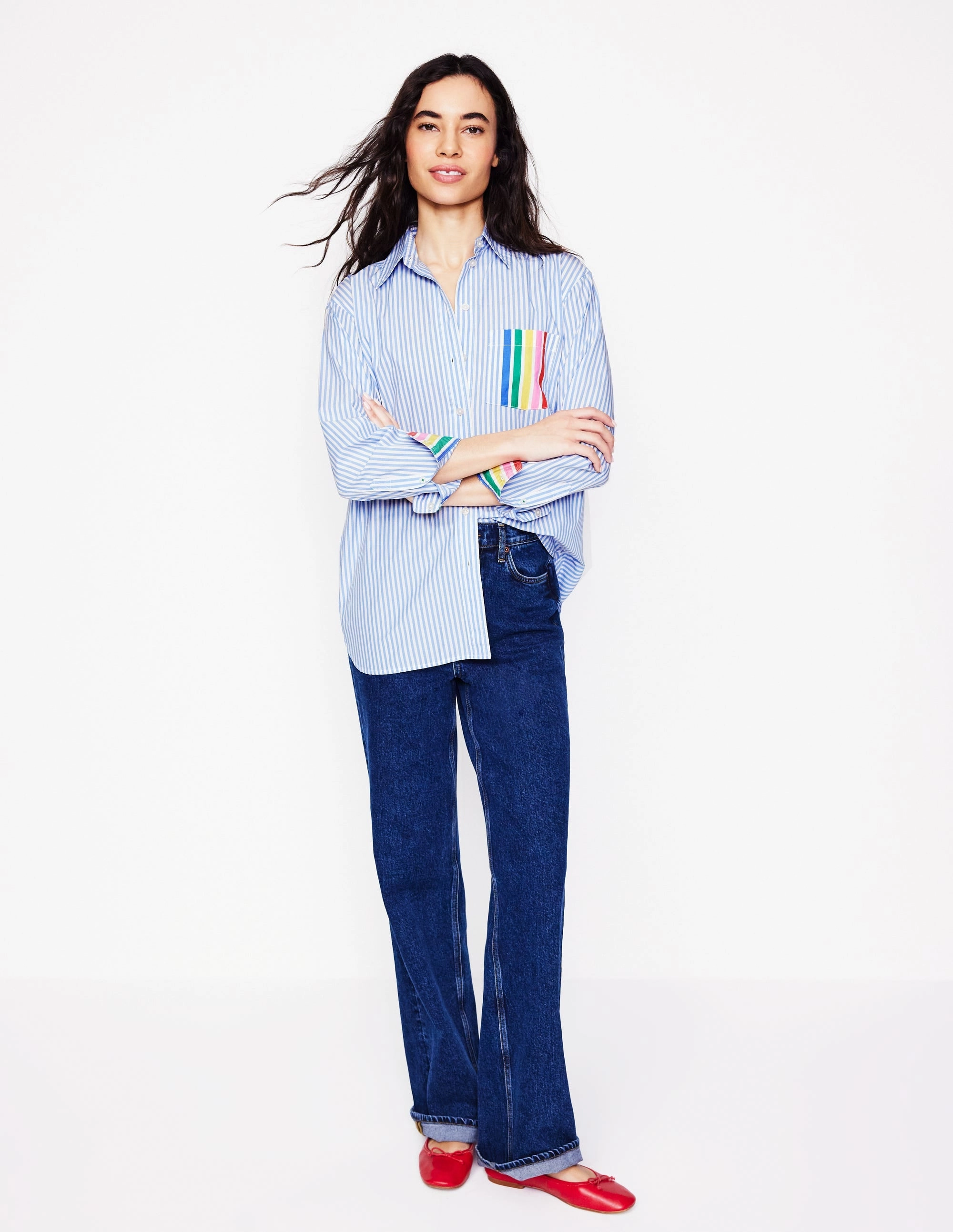 Sadie Relaxed Cotton Shirt-Rainbow Stripe Placement Casual Vibe Wear