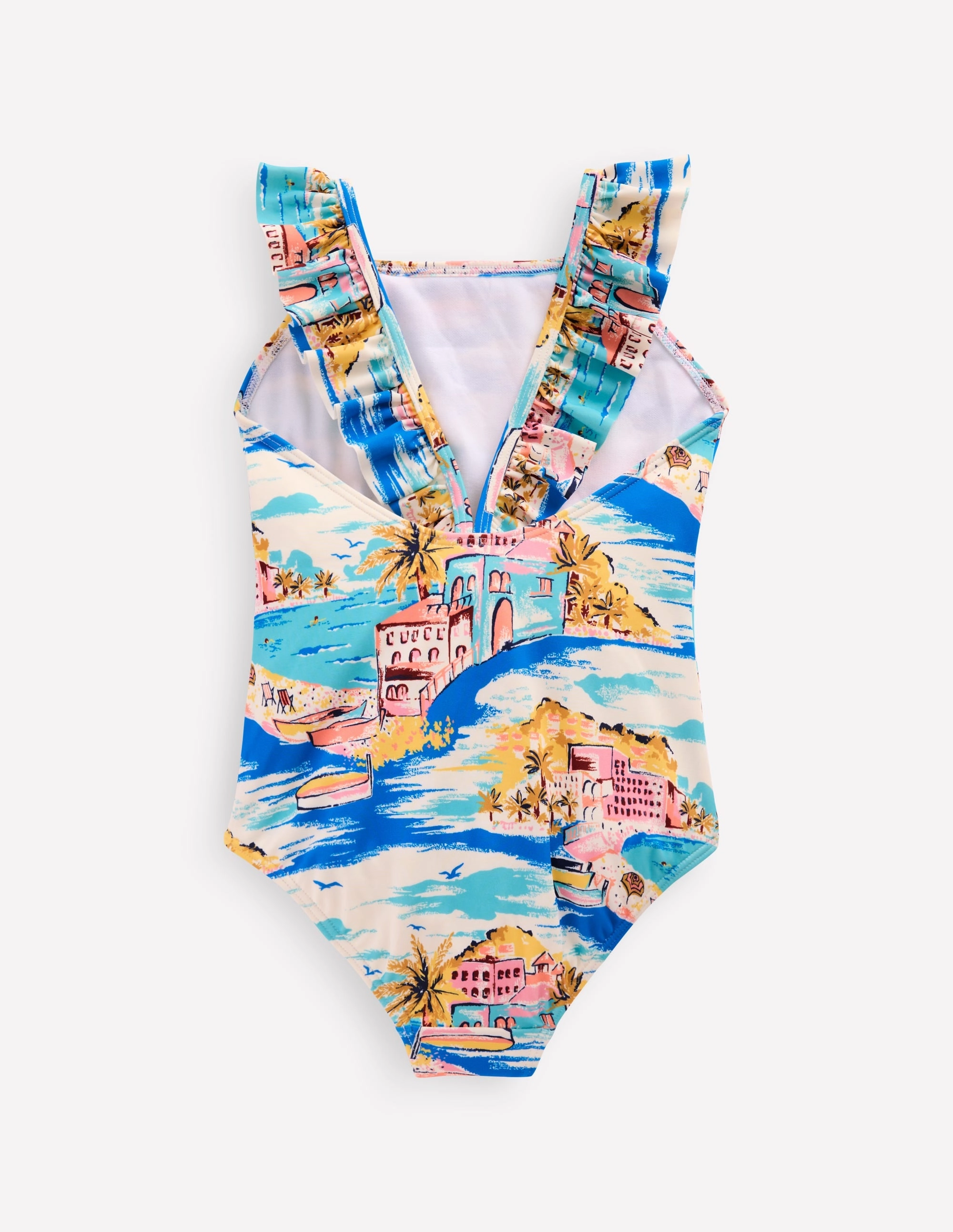 Hallie Frill Strap Swimsuit-Multi Coastal Scene Waterfront Style Embroidery-Pattern