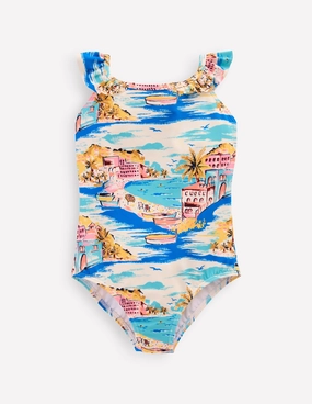 Hallie Frill Strap Swimsuit-Multi Coastal Scene Smart purchase 4 Way Stretch Material