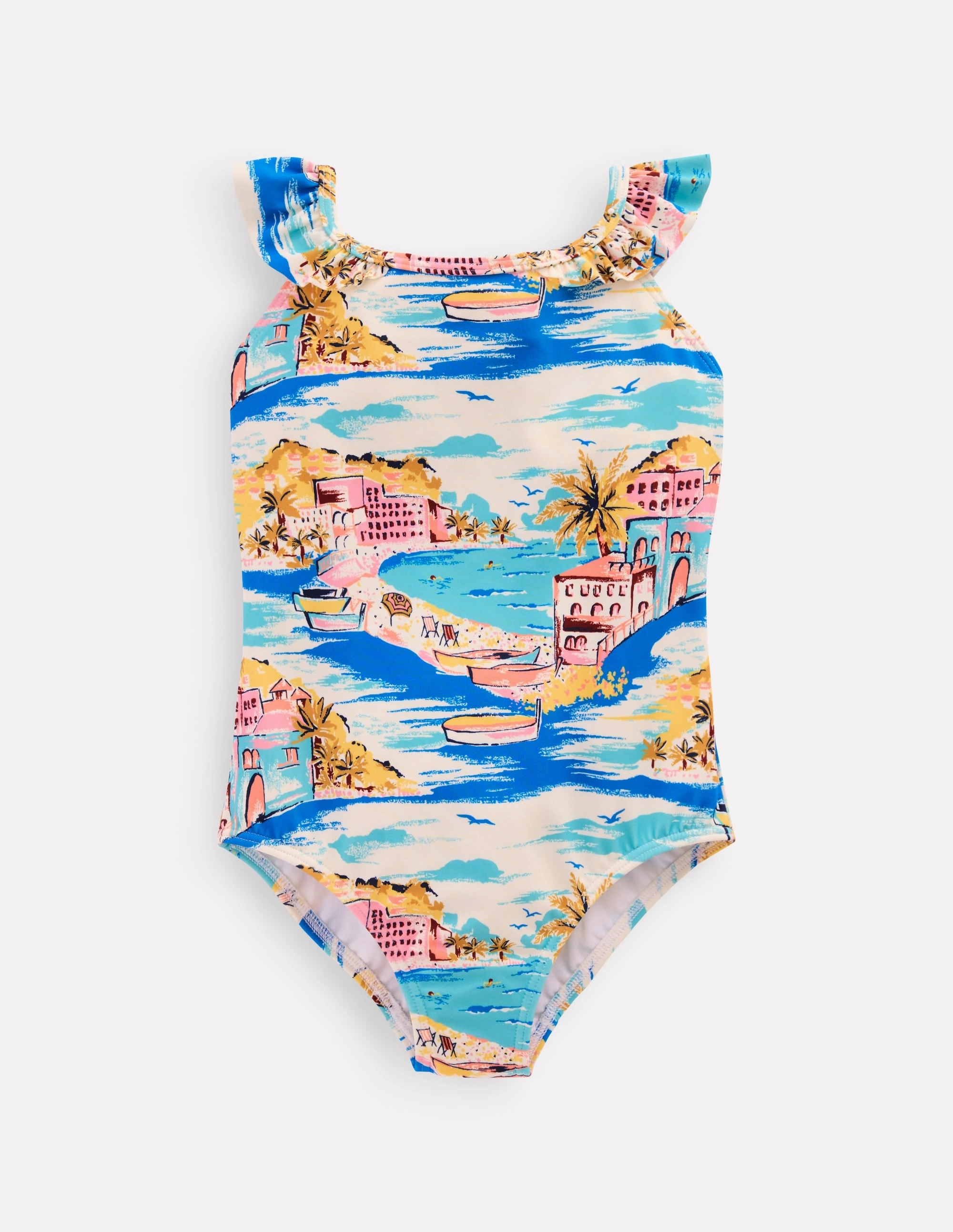Tropical-Vibes Hallie Frill Strap Swimsuit-Multi Coastal Scene