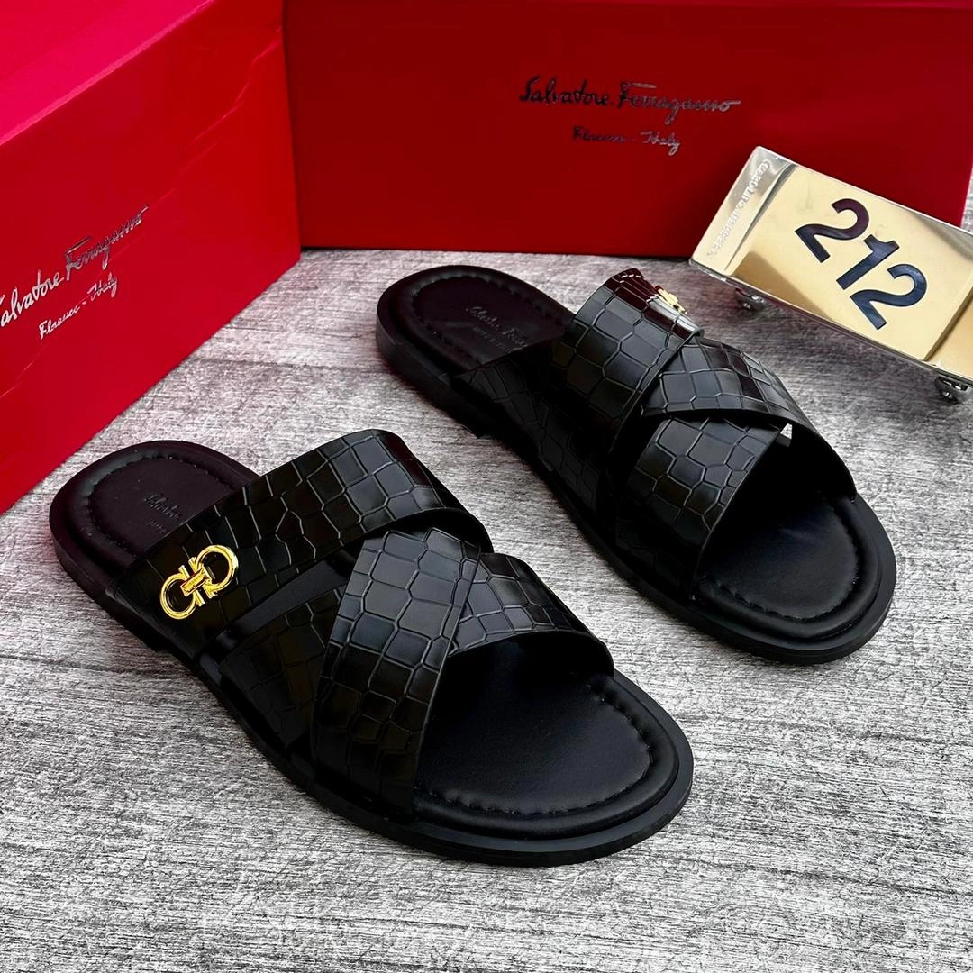 Salvatore Ferragamo Black Cross Leather  Slide Beach Walk