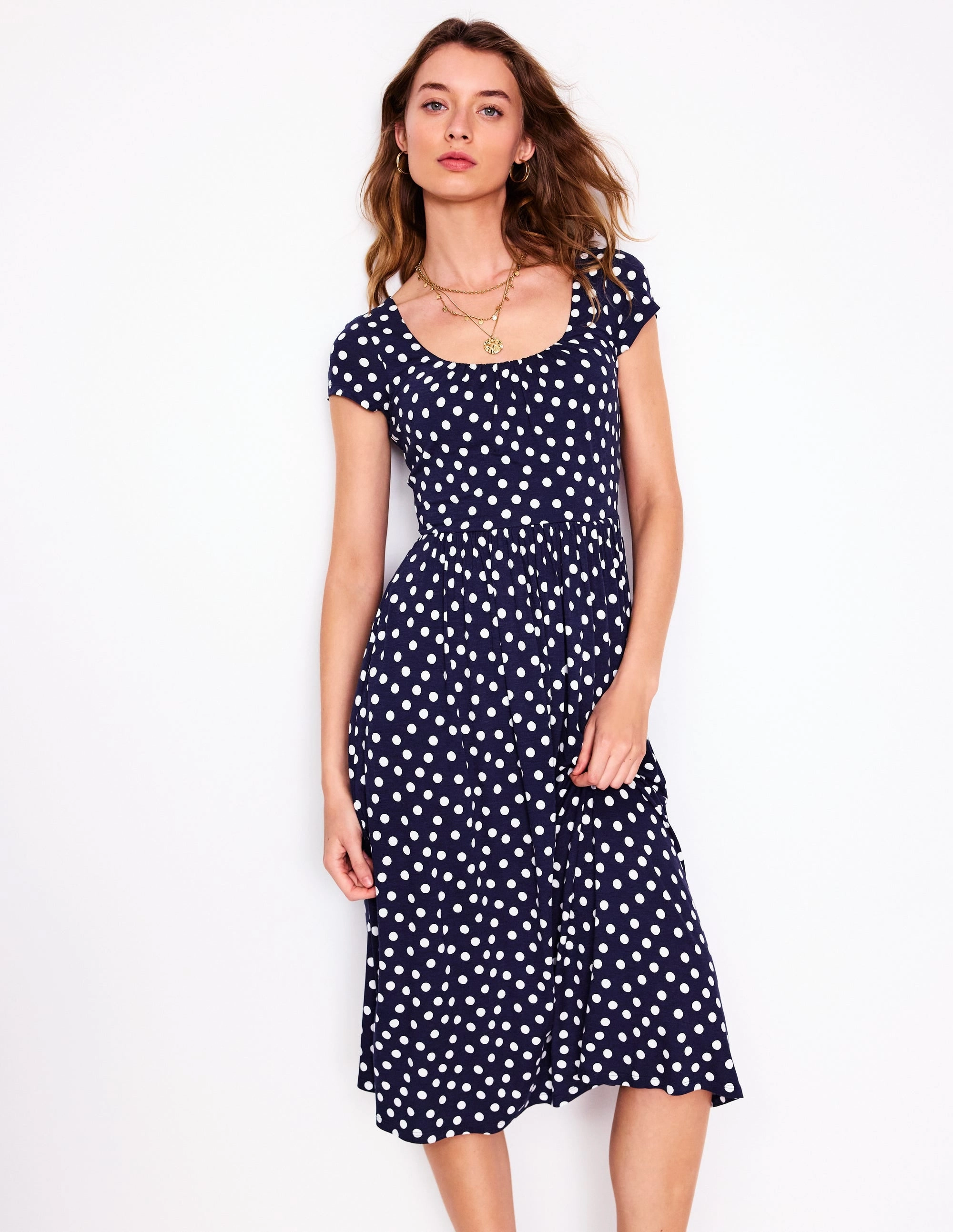 Samantha Scoop Jersey Dress-French Navy, Painted Dot Glossy Detail Fall Flow