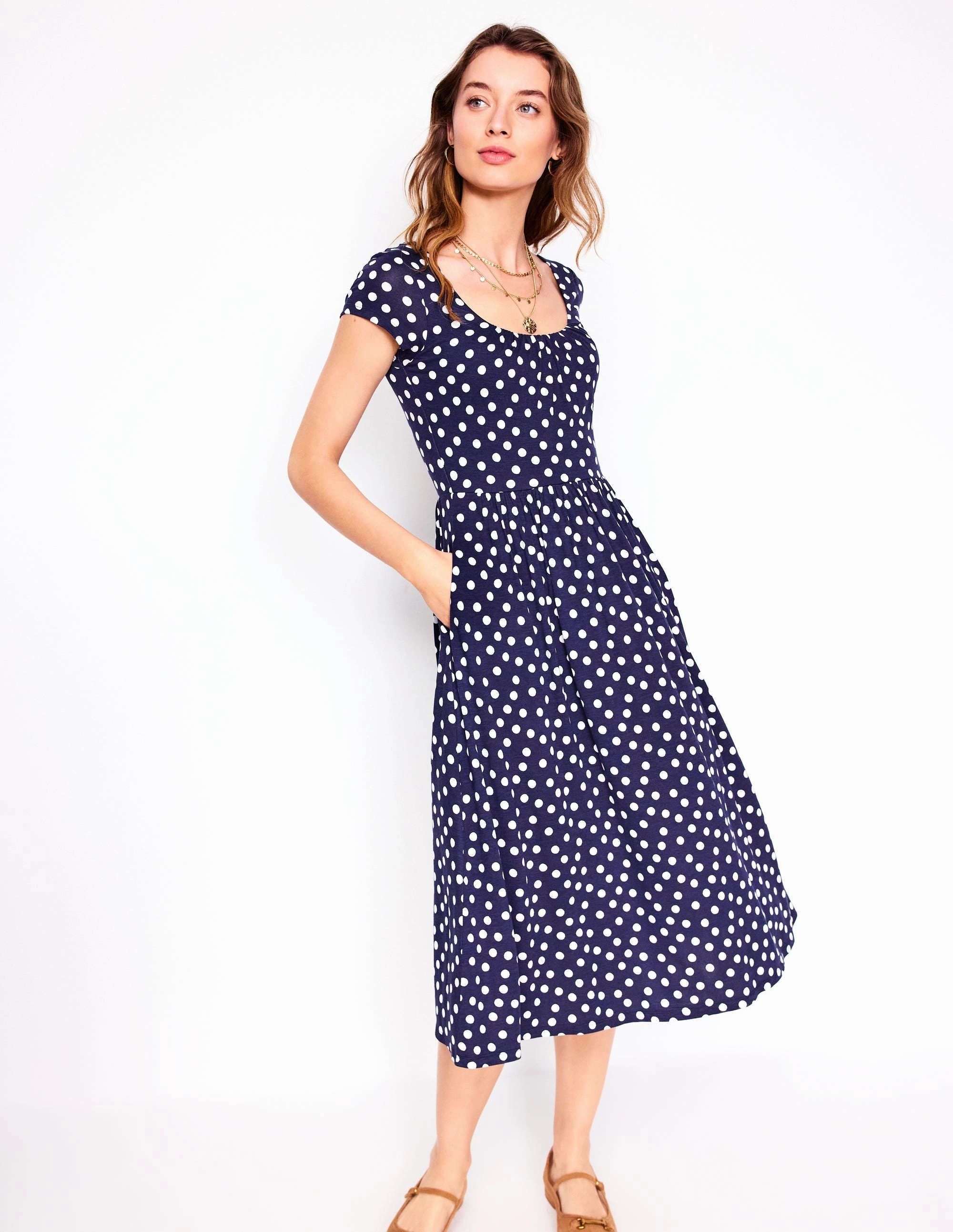 Vibrant Movement Timeless Soft Samantha Scoop Jersey Dress-French Navy, Painted Dot