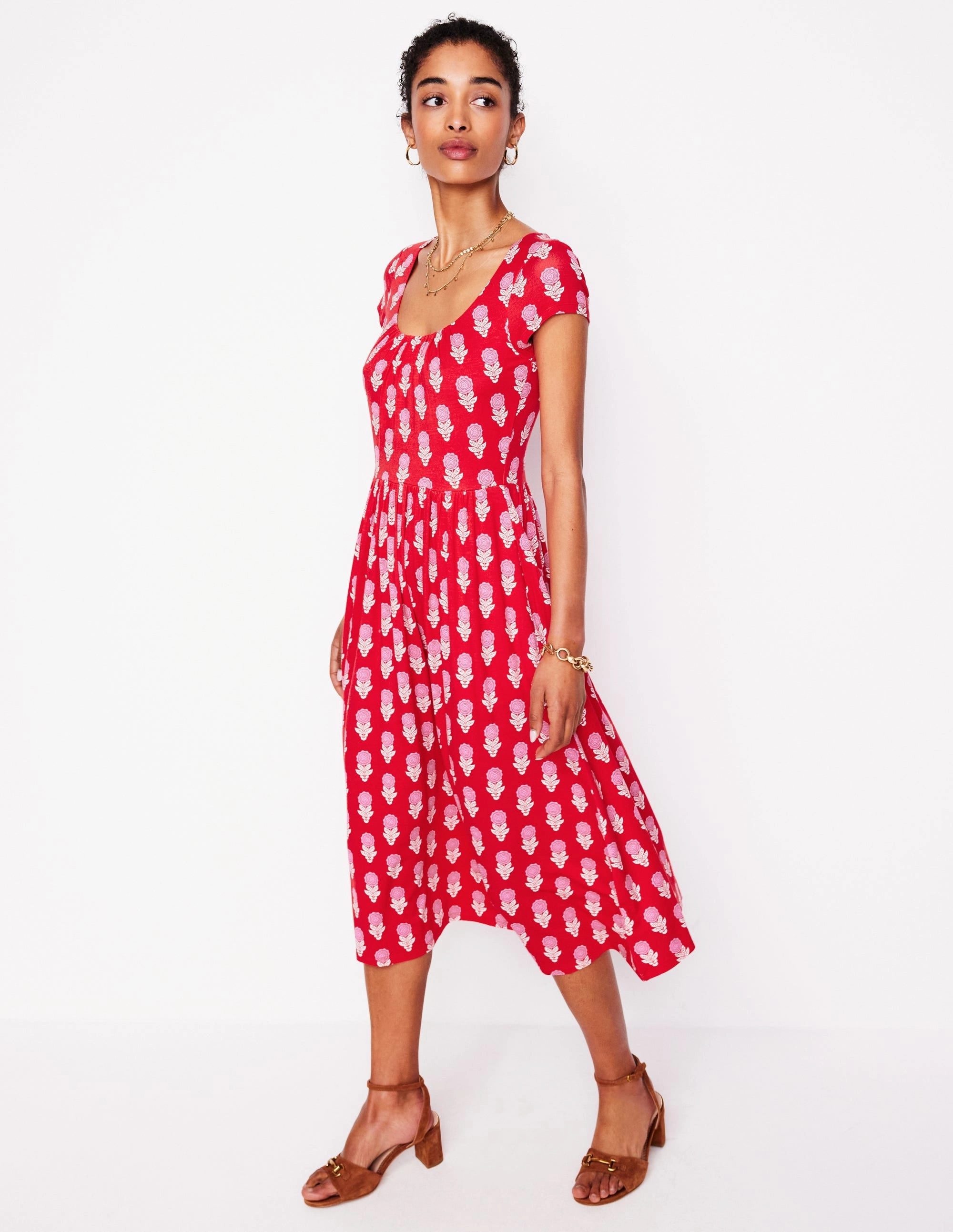 Pure Shape Linen Chic Samantha Scoop Jersey Dress-Poppy Red, Dahlia Sprig