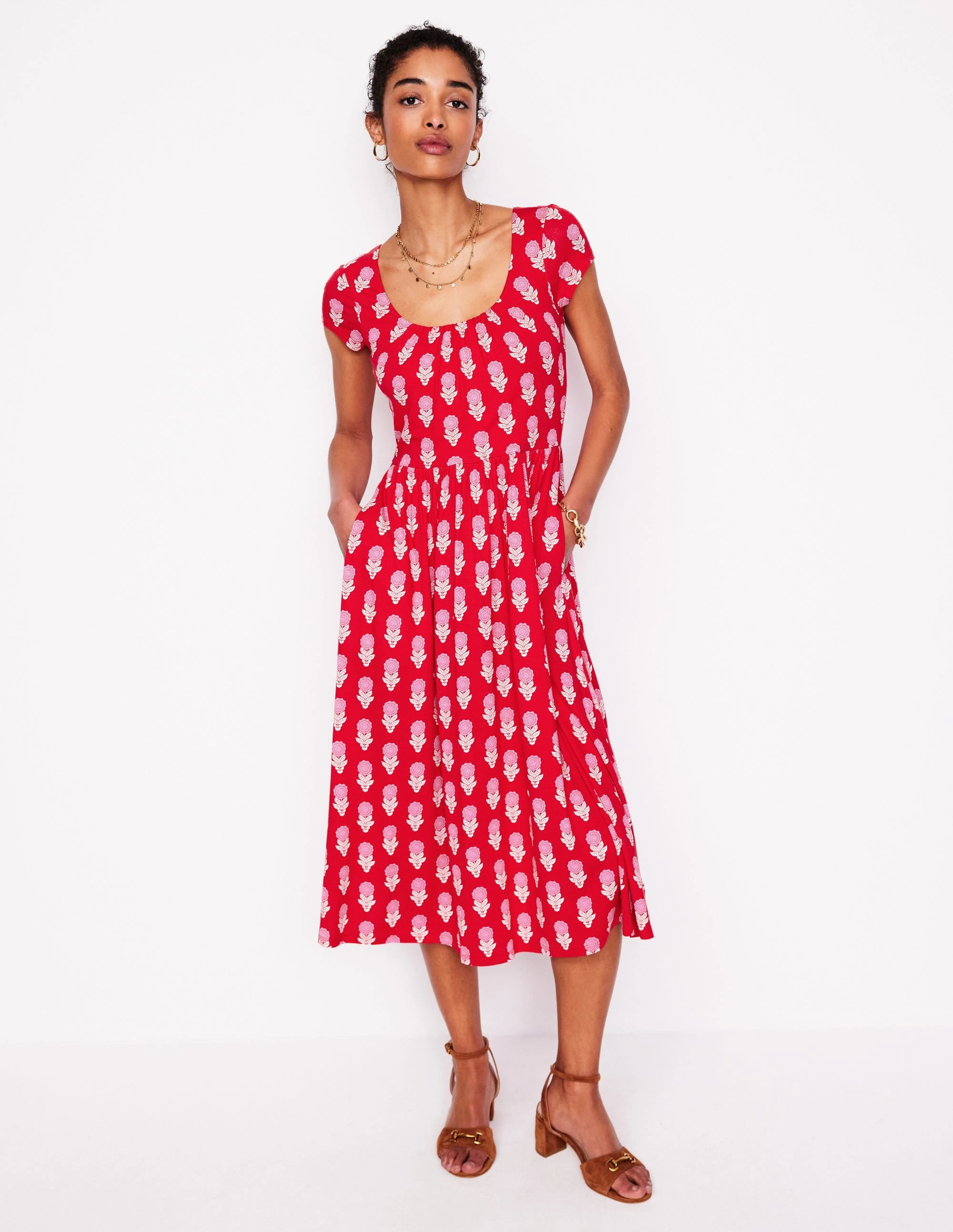 Samantha Scoop Jersey Dress-Poppy Red, Dahlia Sprig Layered Style