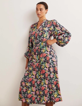 Notch Neck Blouson Midi Dress-Multi, Botanical Vine Soft-touch Signature-Style