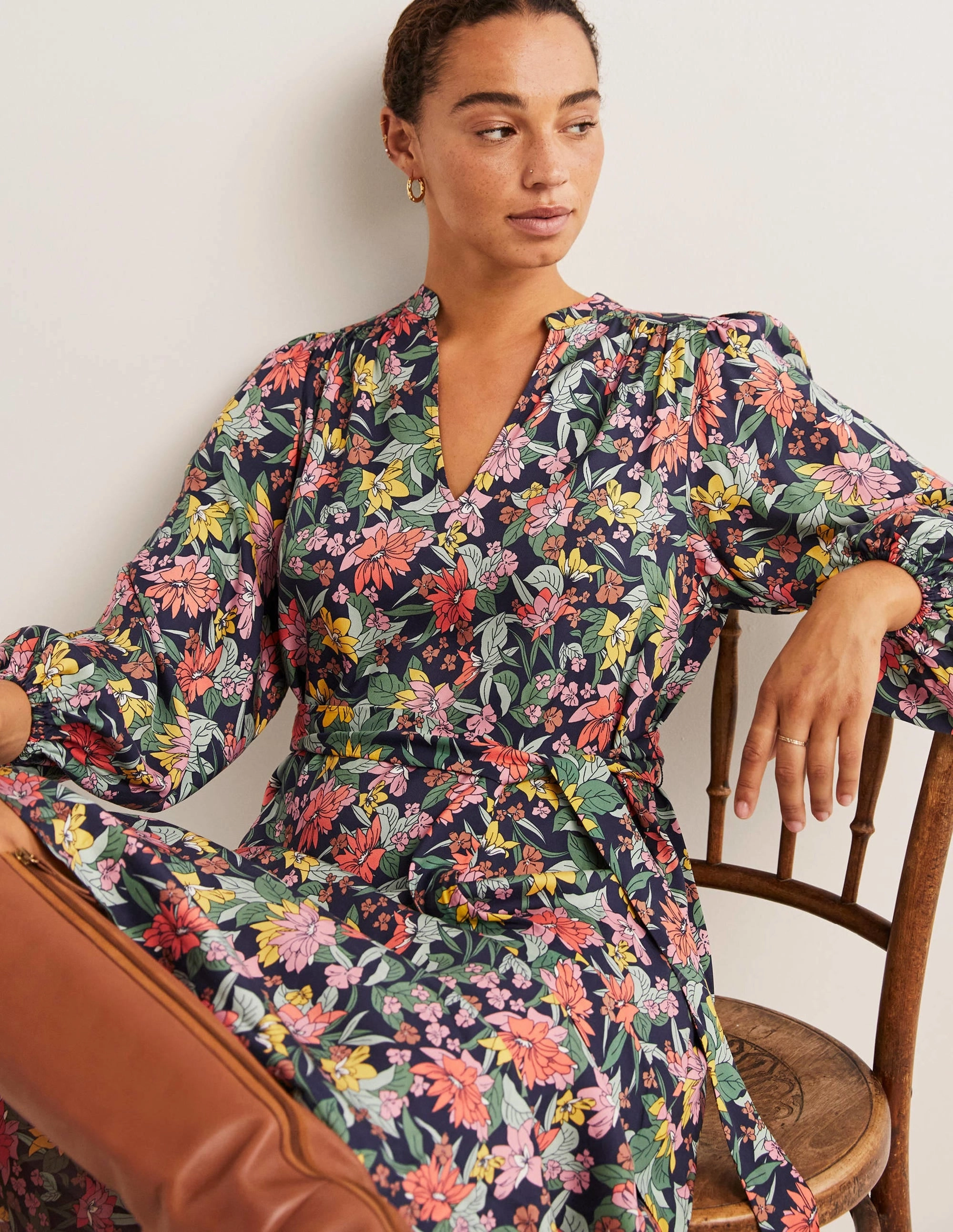 Notch Neck Blouson Midi Dress-Multi, Botanical Vine Vintage Vibe