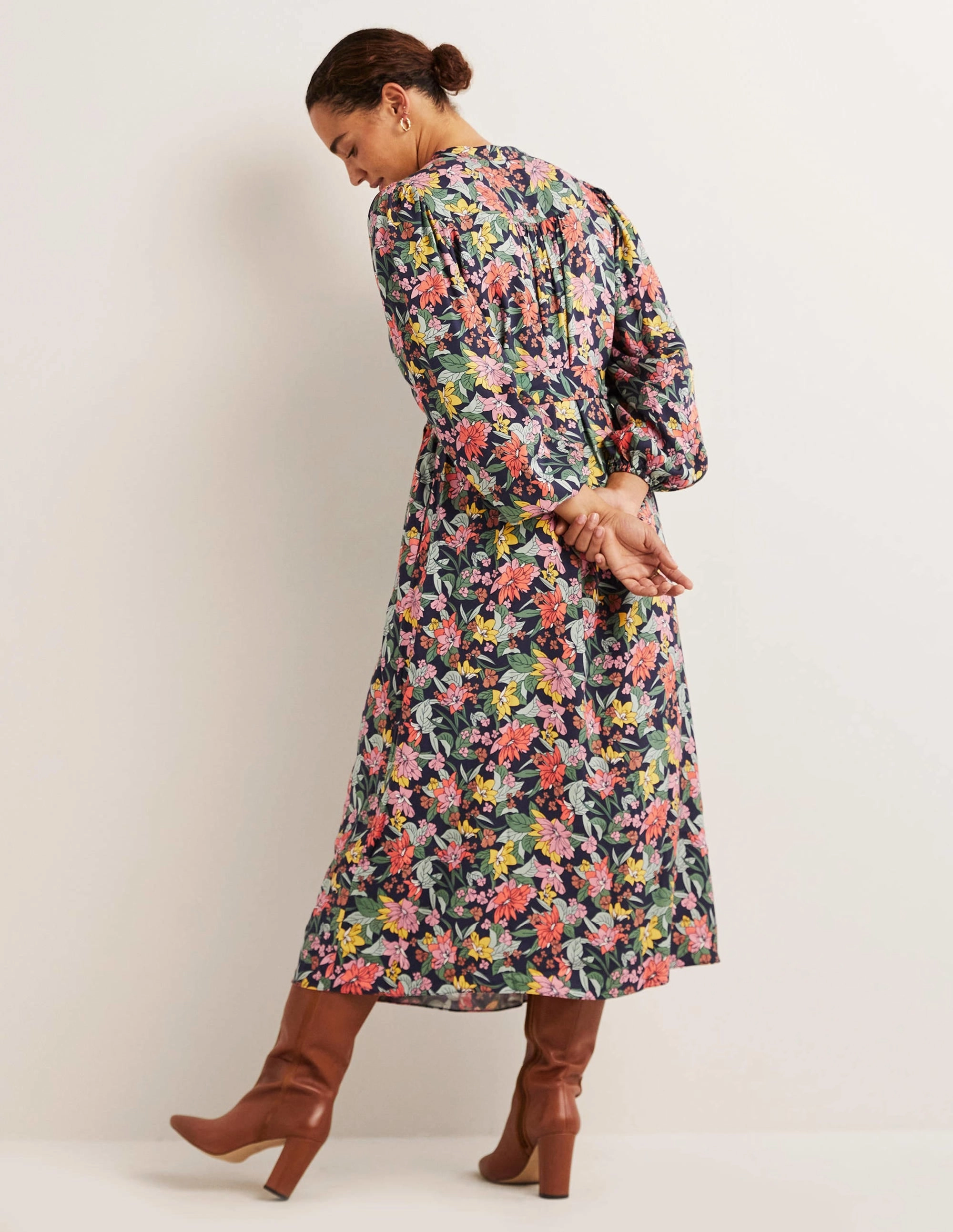 SmoothEdgeFinish Notch Neck Blouson Midi Dress-Multi, Botanical Vine