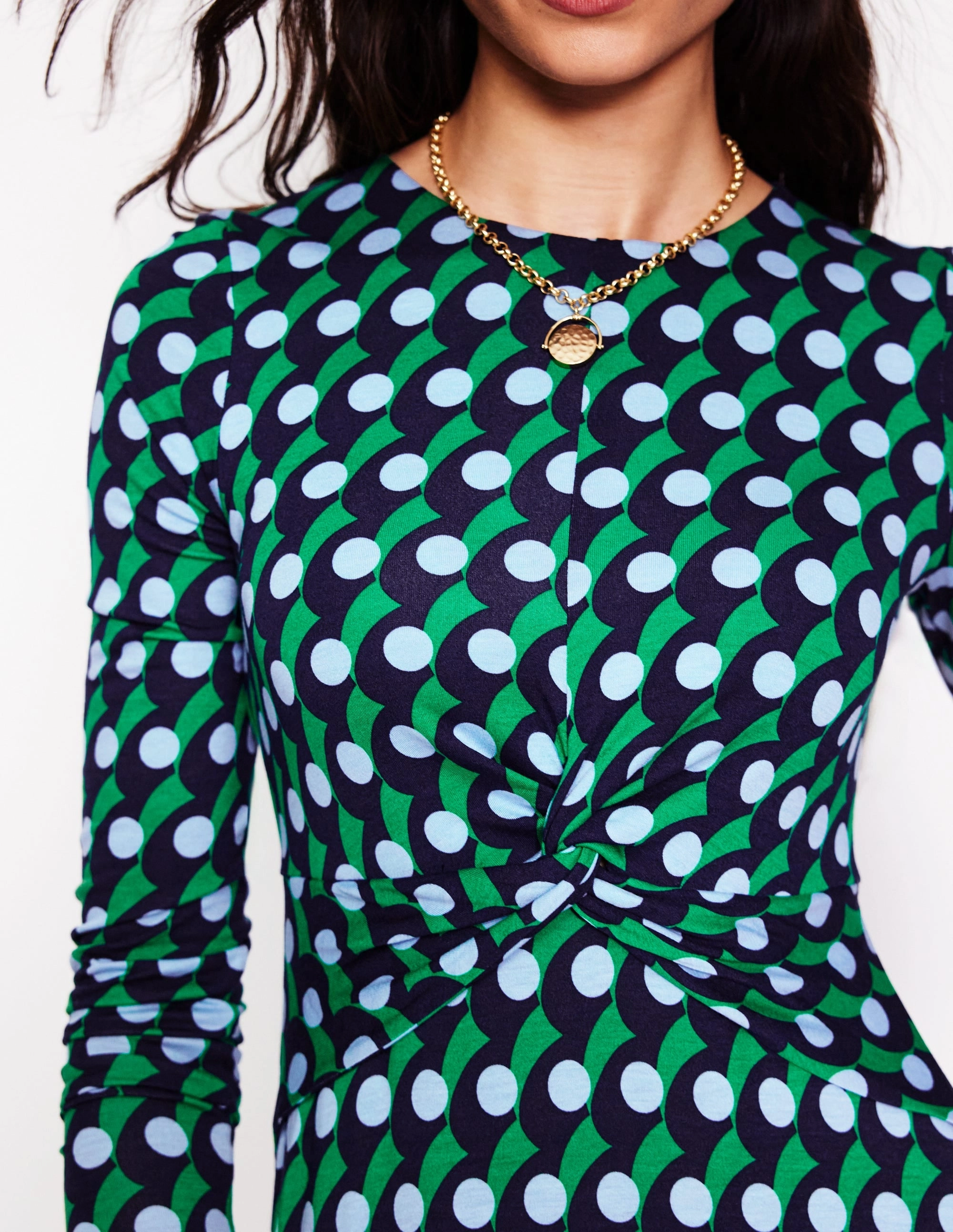 Signature-Style Soft fabric piece Twisted Waist Jersey Dress-Navy, Polka Wave