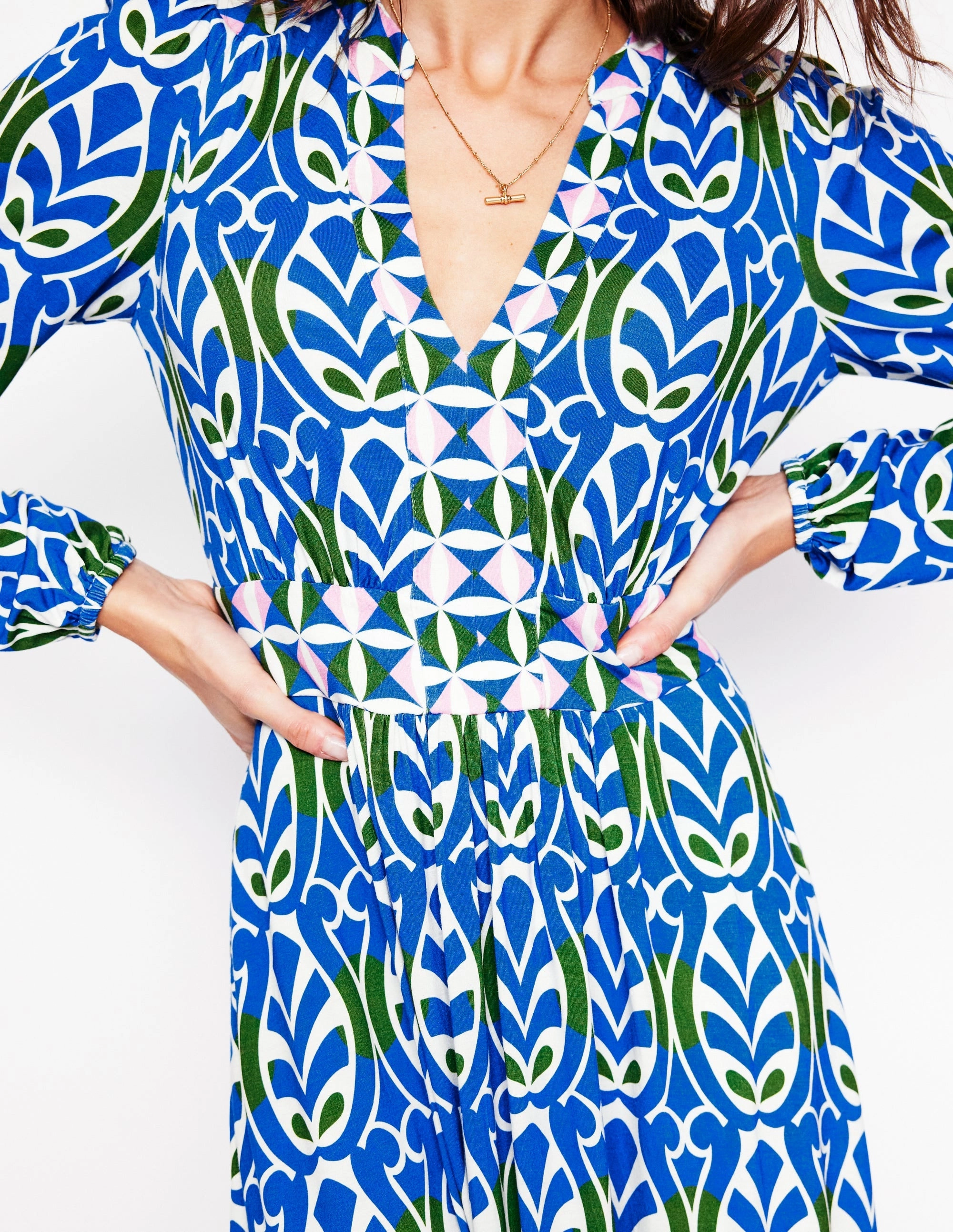 Lily Long Sleeve Midi Dress-Gallery Blue, Leaf Terrace Chic Spirit