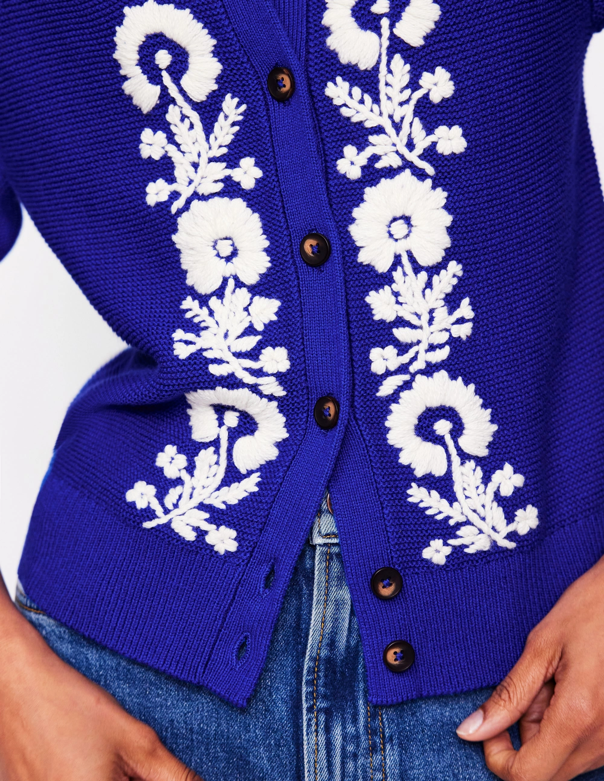 Hypoallergenic Yarn Versatile Trend Embroidered T-Shirt Cardigan-Bright Blue, Flowers