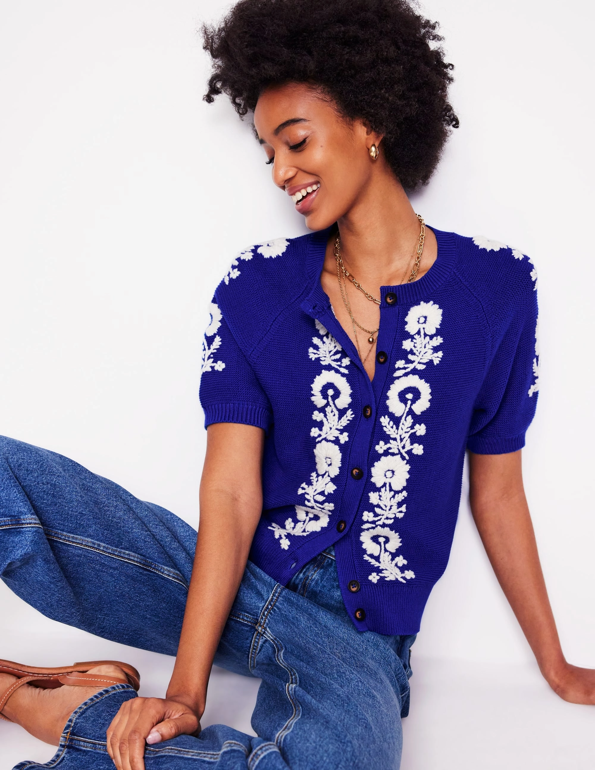 AirflowOptimized Pattern Embroidered T-Shirt Cardigan-Bright Blue, Flowers