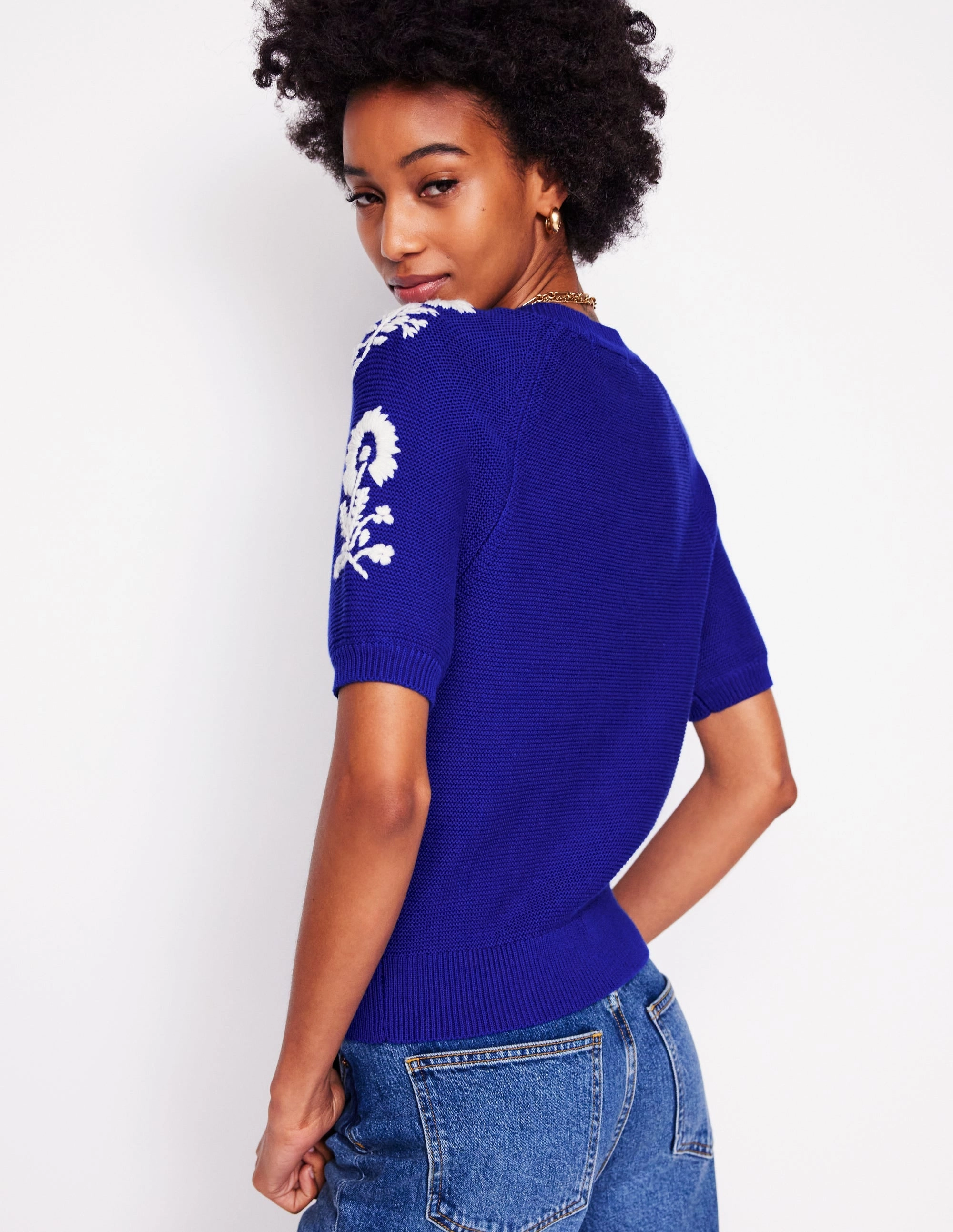 Embroidered T-Shirt Cardigan-Bright Blue, Flowers Ribbed collar