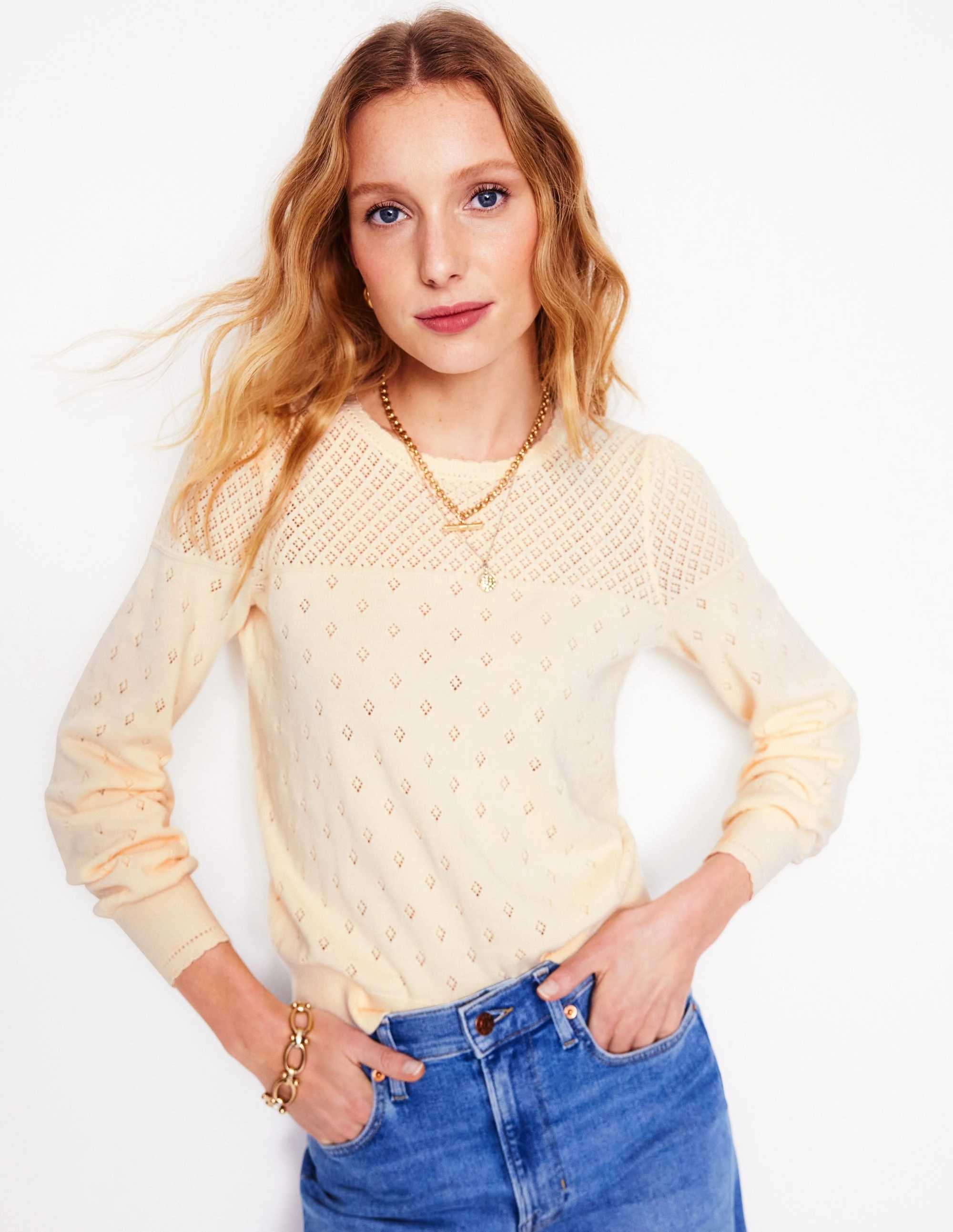 Ribbed Structure Rosalie Pointelle Jumper-Warm Ivory