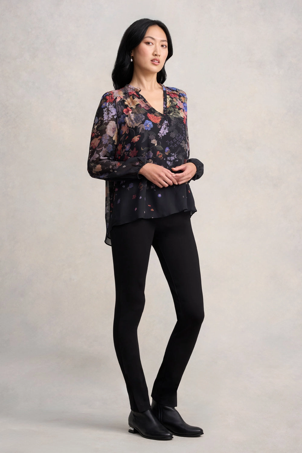 Viscose Georgette Printed Blouse - Midnight Floral Layered Collar Design DoubleStitching