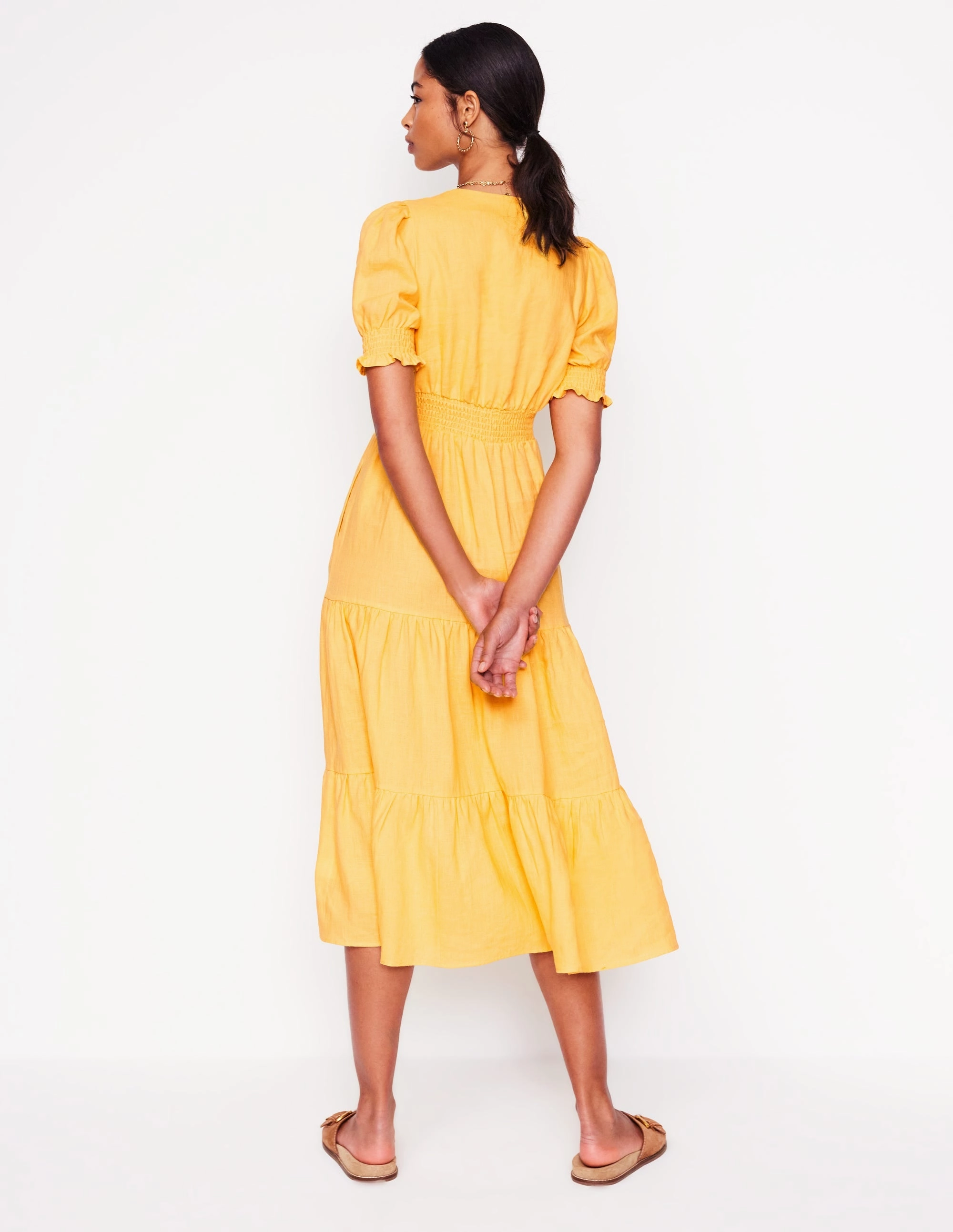 Sheer-Overlay Minimalist Layering Anna Linen Tiered Midi Dress-Buttermilk Yellow