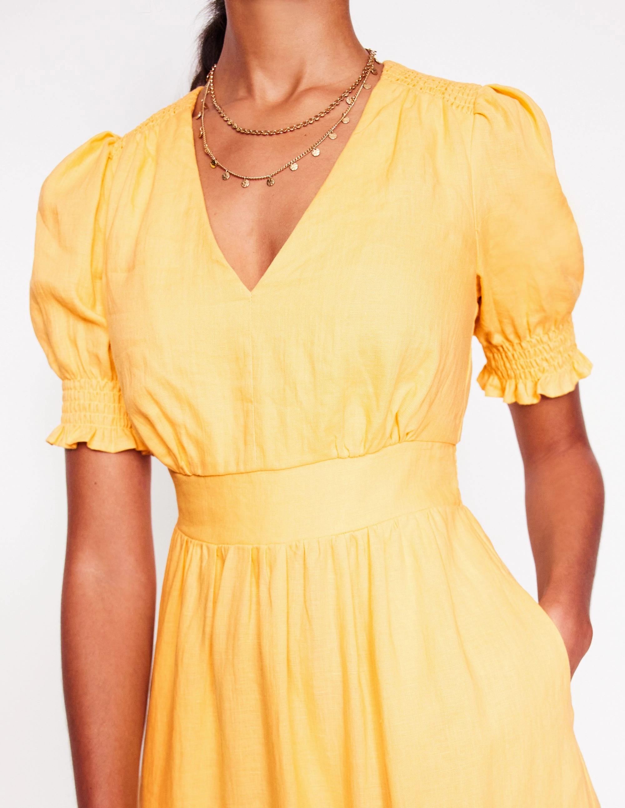 Anna Linen Tiered Midi Dress-Buttermilk Yellow Flowy summer gown Day Ready