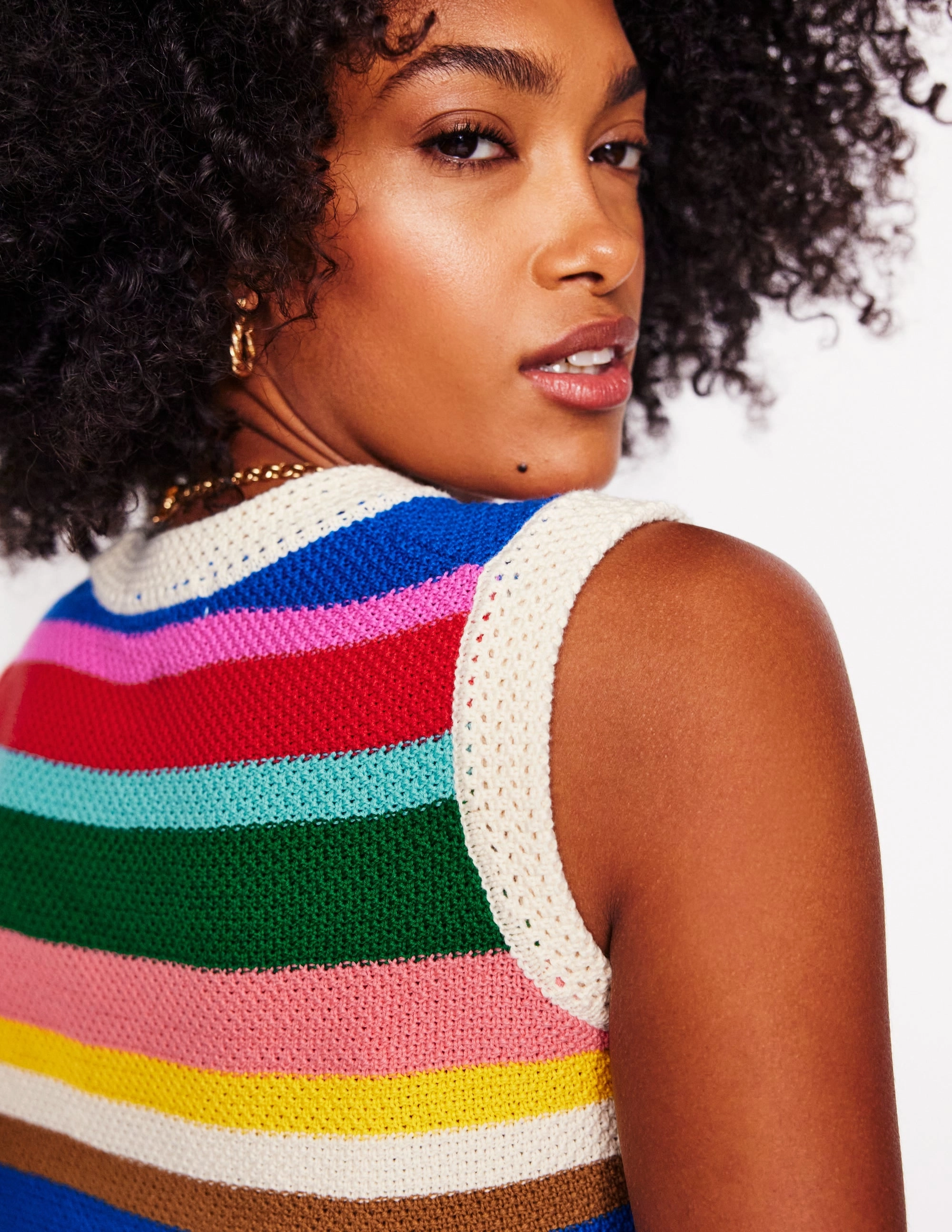 Reinforced Hem Temperature Regulating Lining Callie Crochet Trim Tank-Bright Rainbow Stripe Large