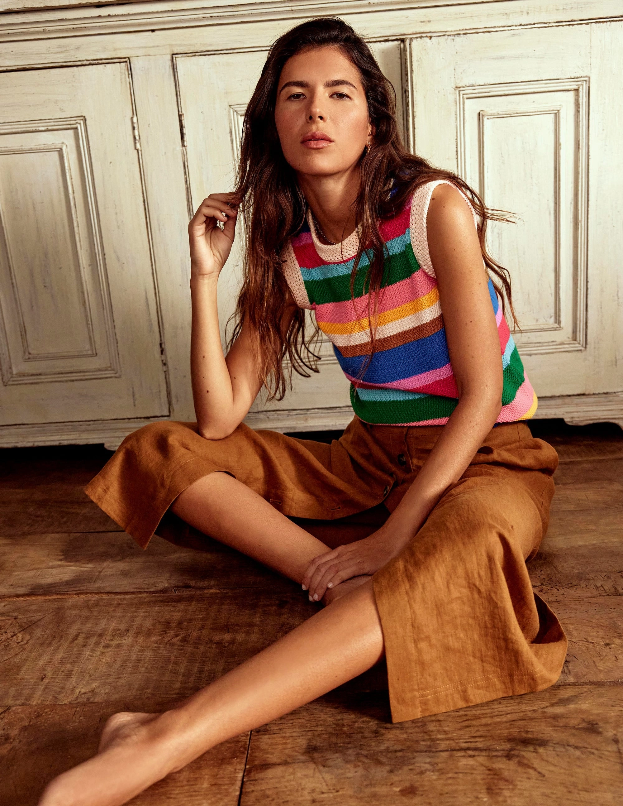 Callie Crochet Trim Tank-Bright Rainbow Stripe Large Wrinkle resistant fabric