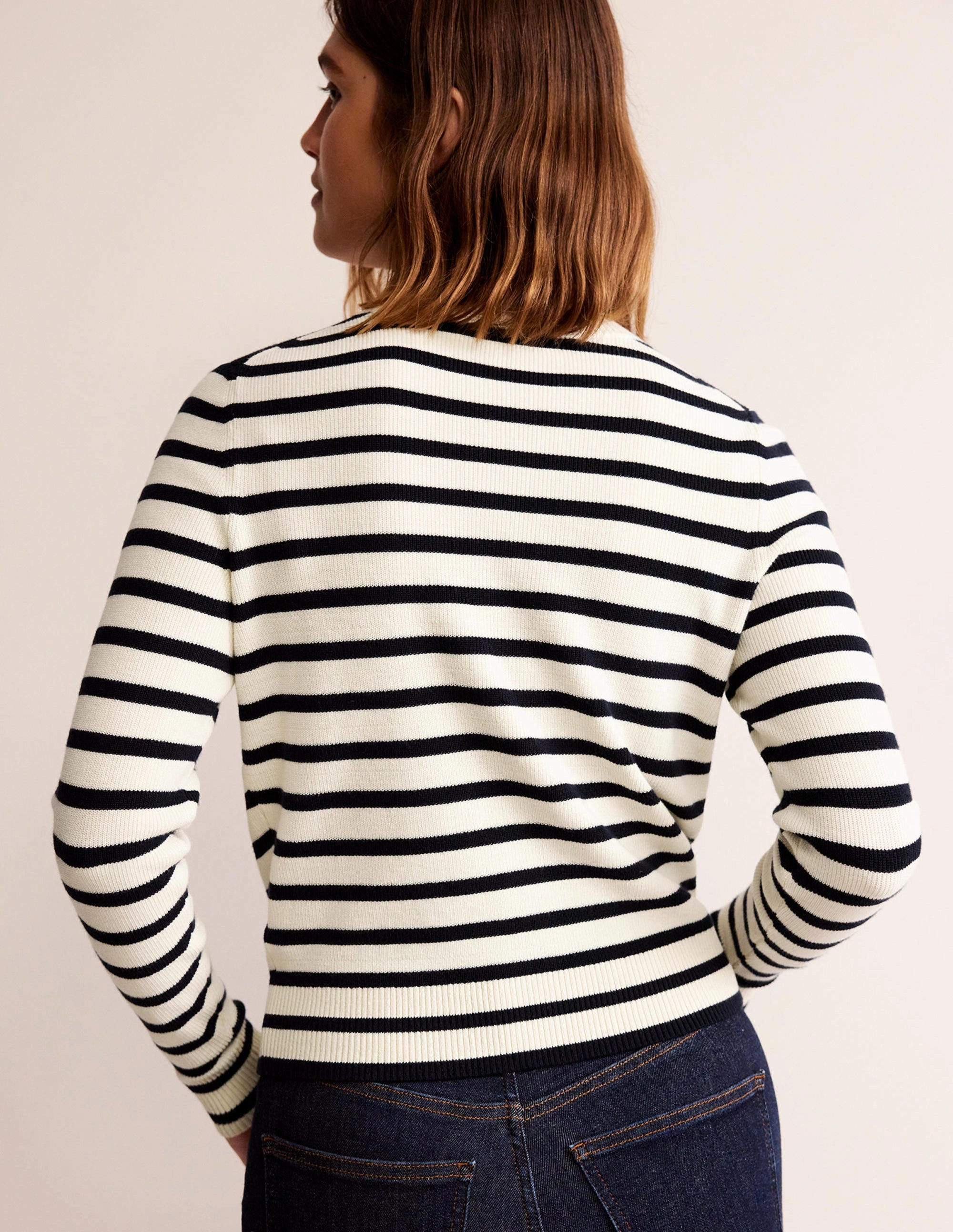 Embroidered Cardigan-Navy/Warm Ivory Stripe Garment Dyed Process Hypoallergenic Yarn