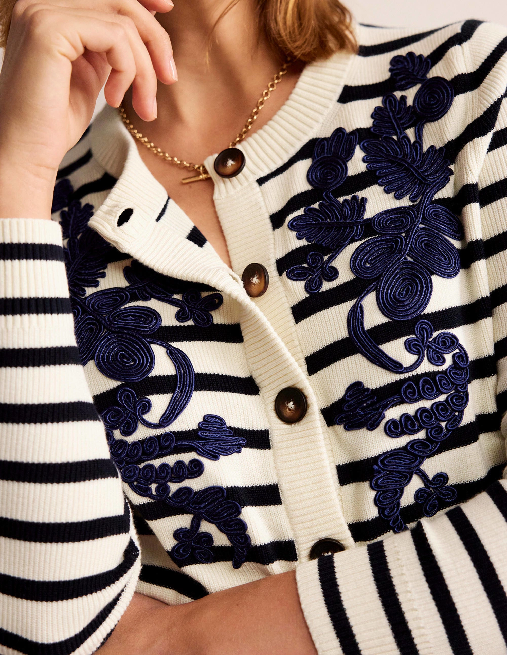 Embroidered Cardigan-Navy/Warm Ivory Stripe Smart Casual
