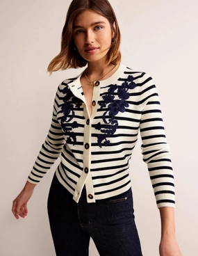 Slub Texture Embroidered Cardigan-Navy/Warm Ivory Stripe