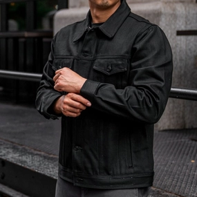 V-Neck Stage Selvedge Denim Trucker Jacket | Black