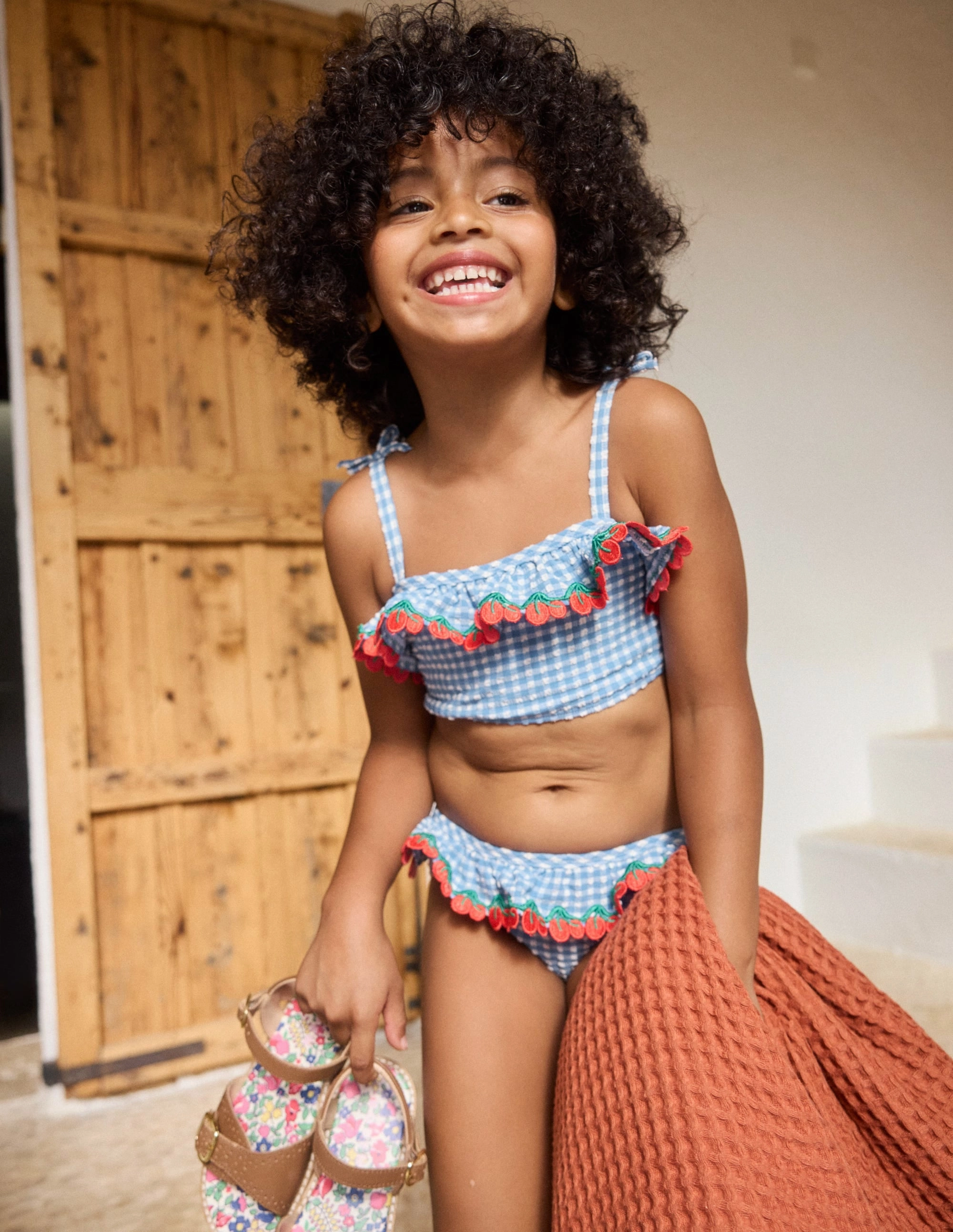 Tallulah Frill Bikini-Blue Gingham Cherries Water Repellent Lining Moisture Wicking Interior