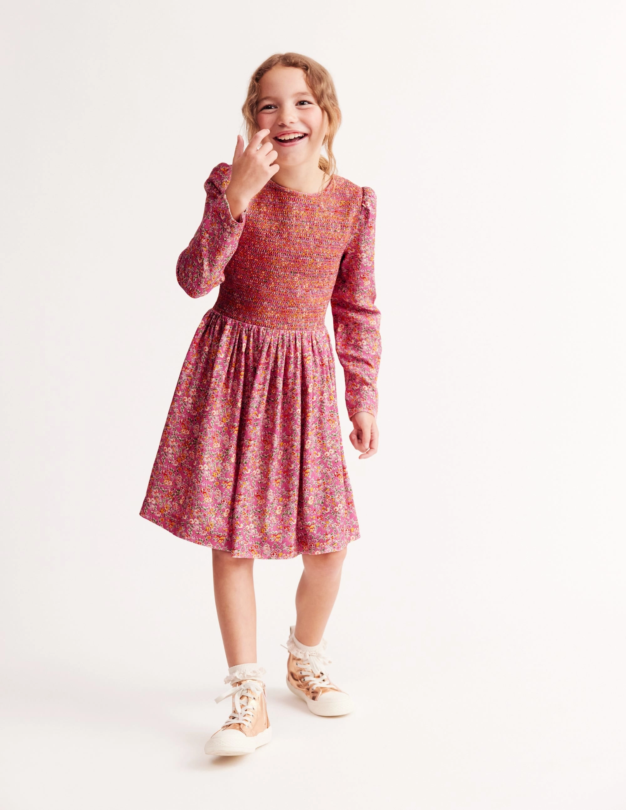 Nordic Plain Shirred Bodice Woven Dress-Rose Petal Pink Vintage Floral