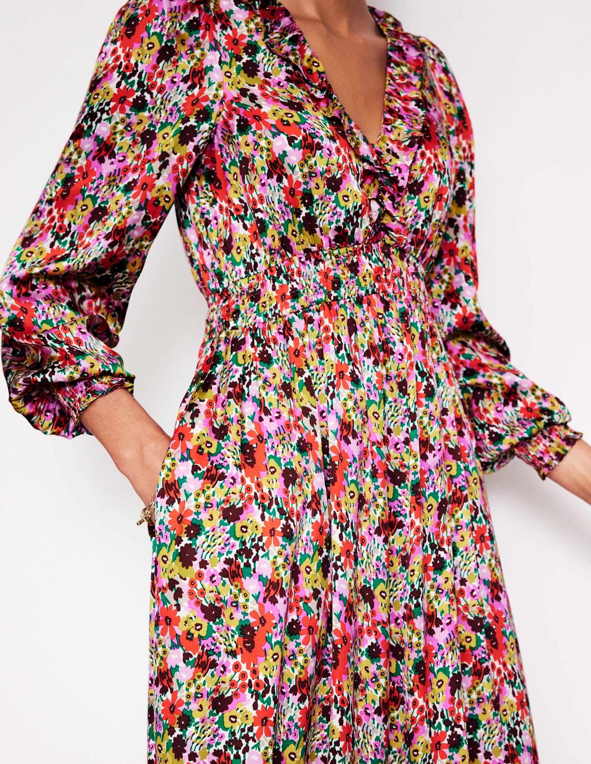 Shirred Ruffle Midi Dress-Multi, Meadow Pop Bright-colored piece