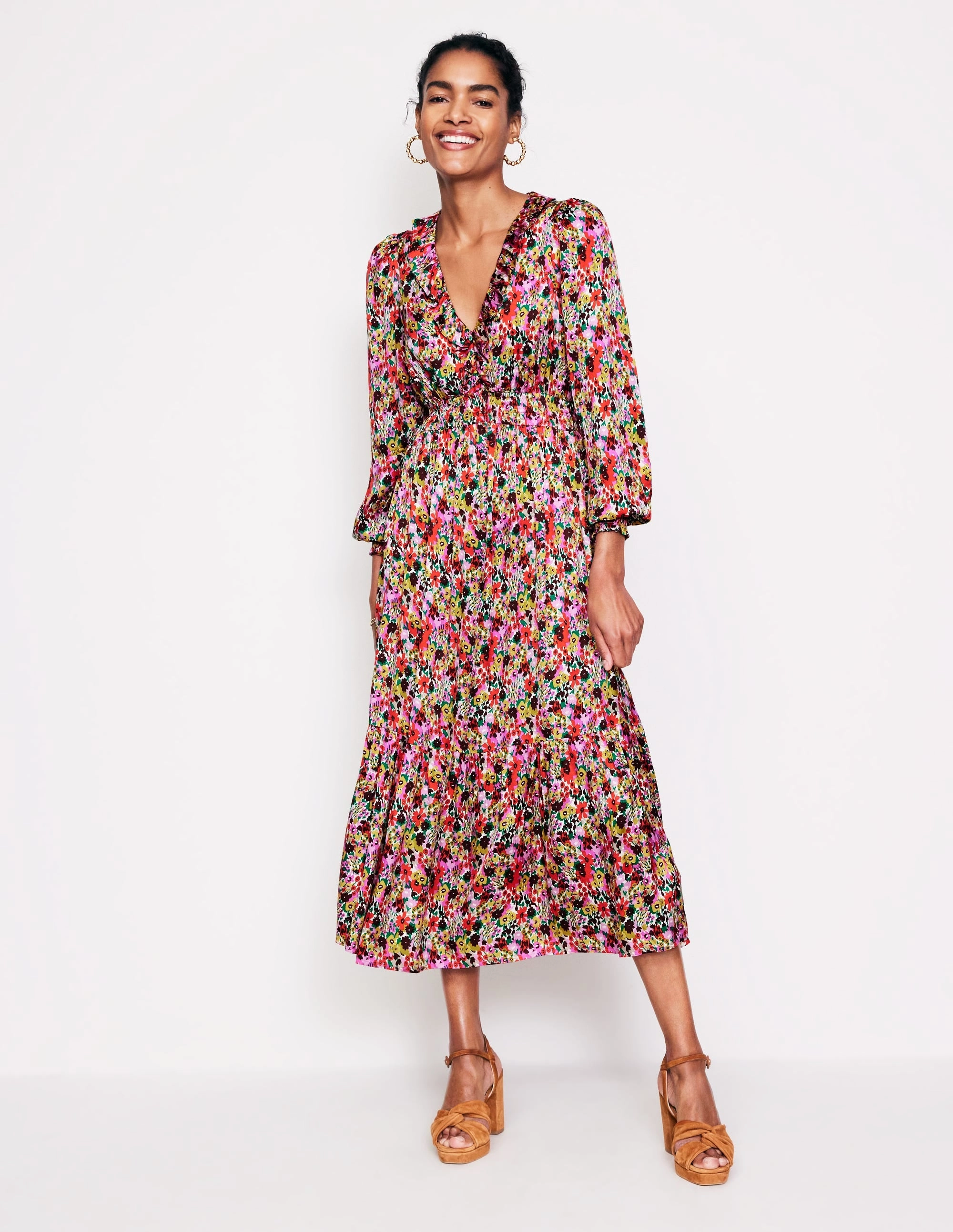 Shirred Ruffle Midi Dress-Multi, Meadow Pop Open Back Smooth Feel
