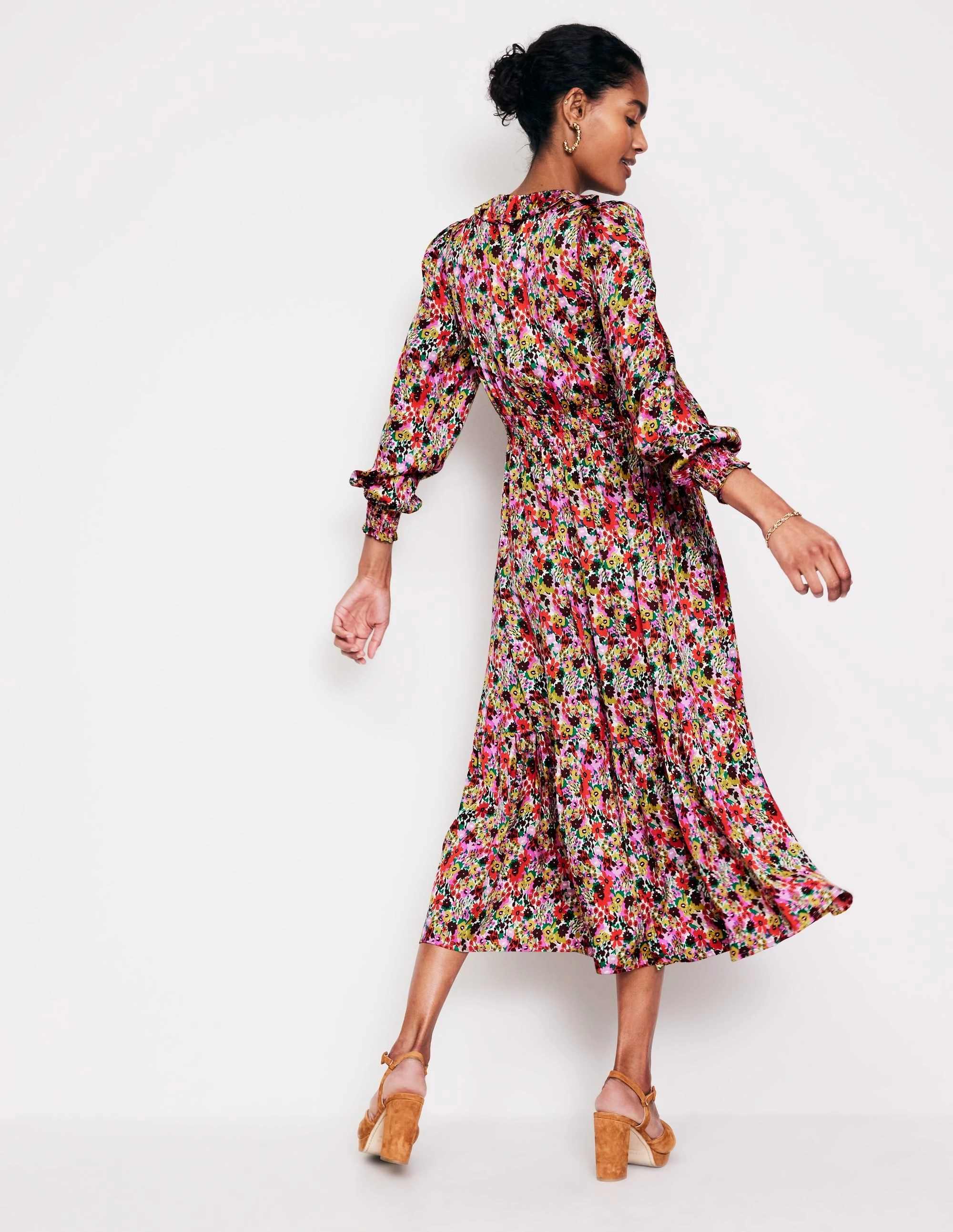 Luxurious Texture Graceful Ease Shirred Ruffle Midi Dress-Multi, Meadow Pop