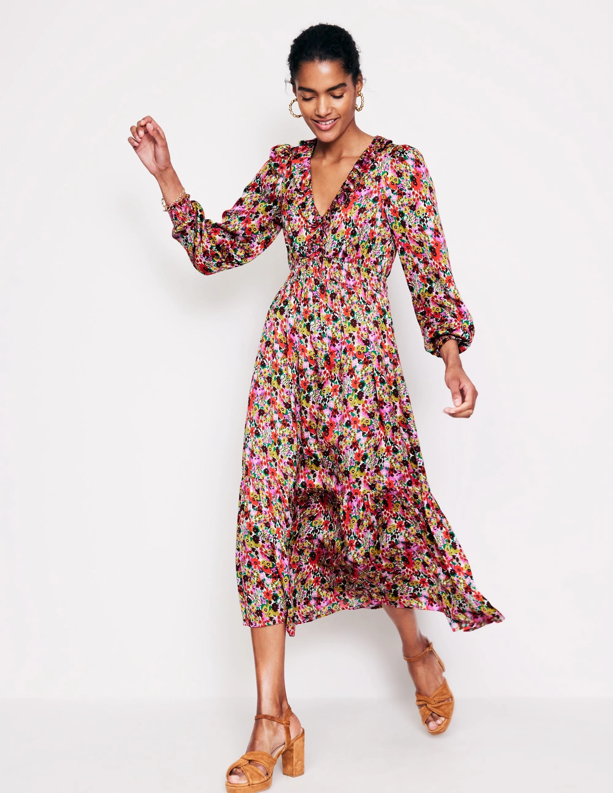 Shirred Ruffle Midi Dress-Multi, Meadow Pop Sharp Finish Vacation Outfit