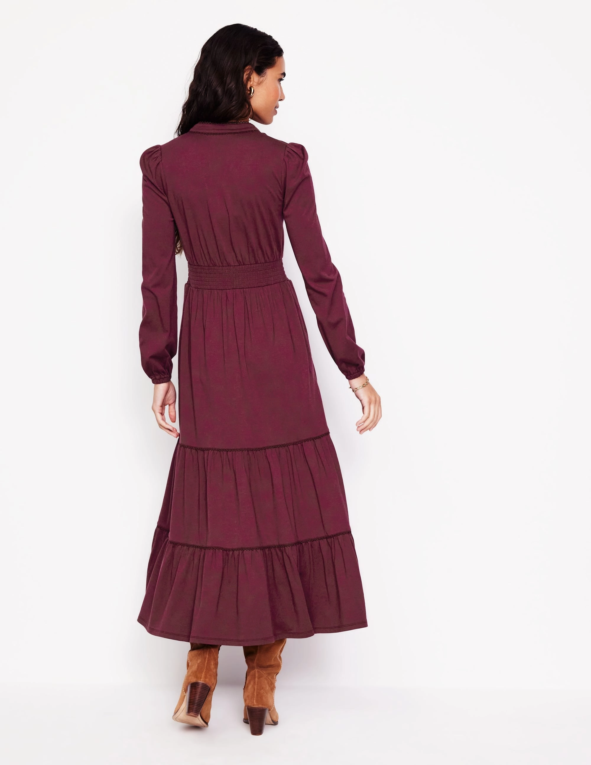 Shirred Waist Tier Midi Dress-Deep Wisteria Timeless Wear Lace-Edge