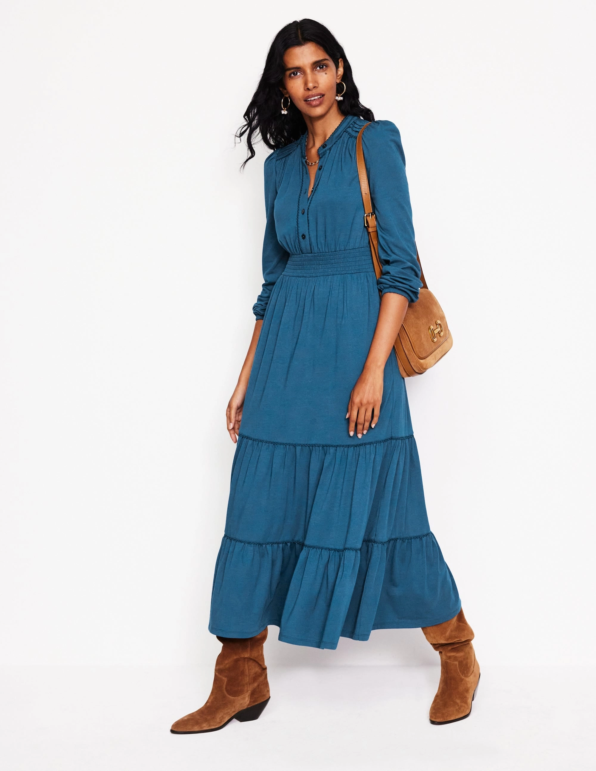 Basic Shape Shirred Waist Tier Midi Dress-Harbour Blue