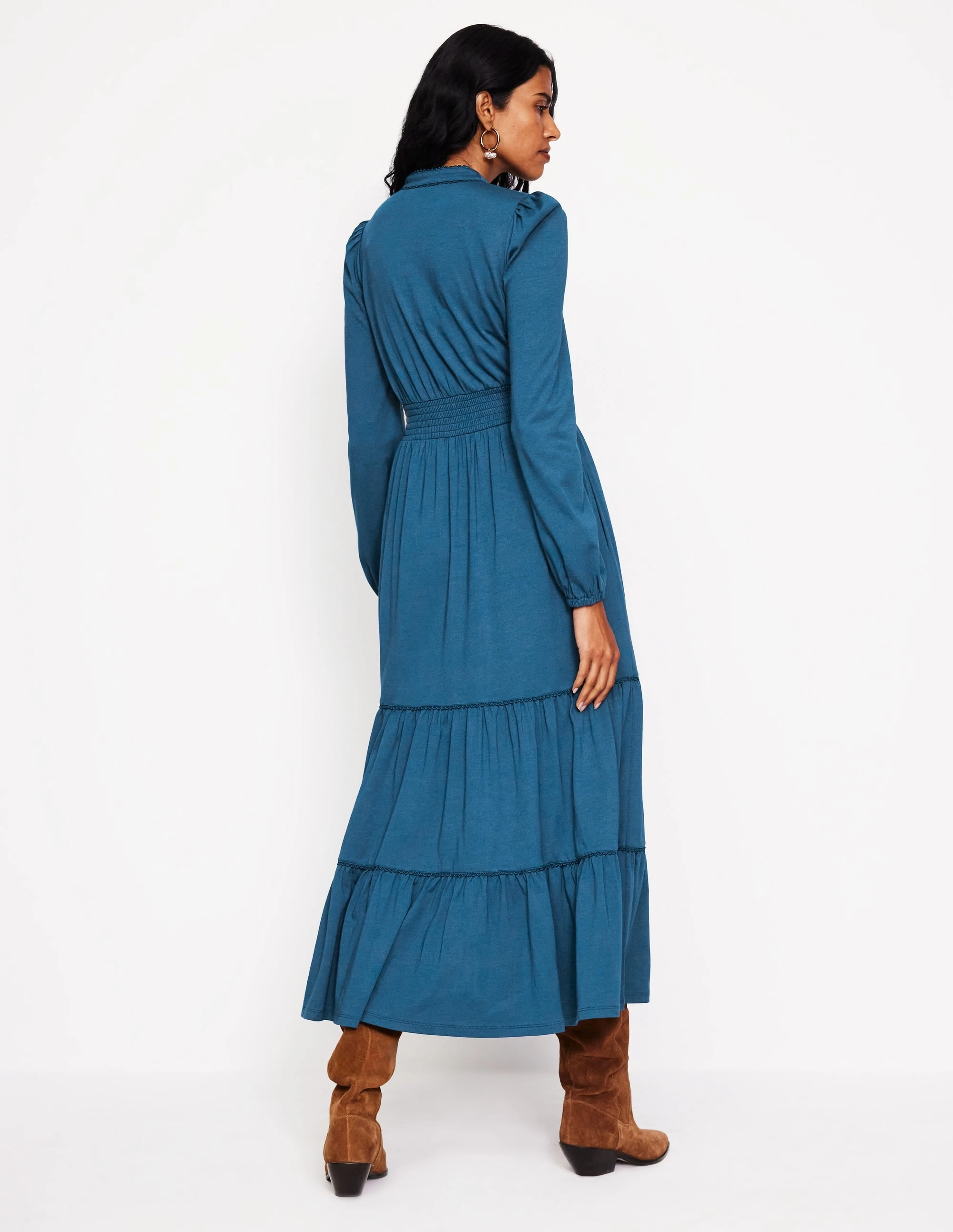 Quiet Mood Shirred Waist Tier Midi Dress-Harbour Blue
