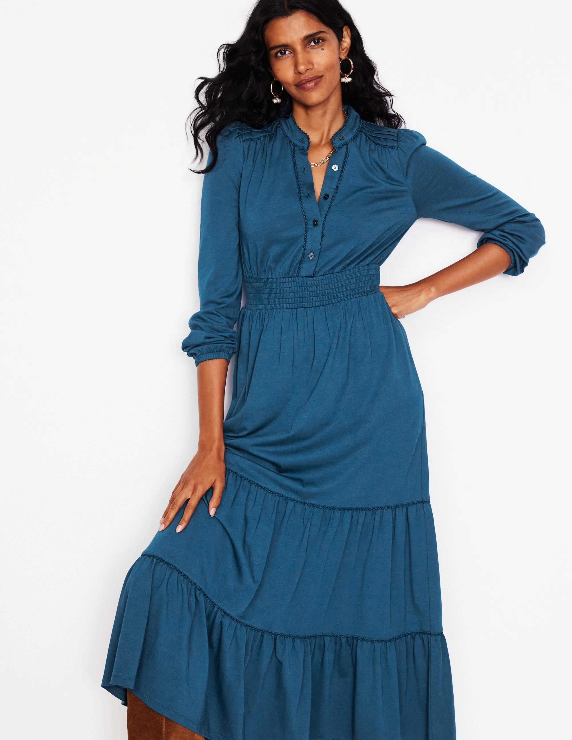 Soft and Chic Stretchable Shirred Waist Tier Midi Dress-Harbour Blue
