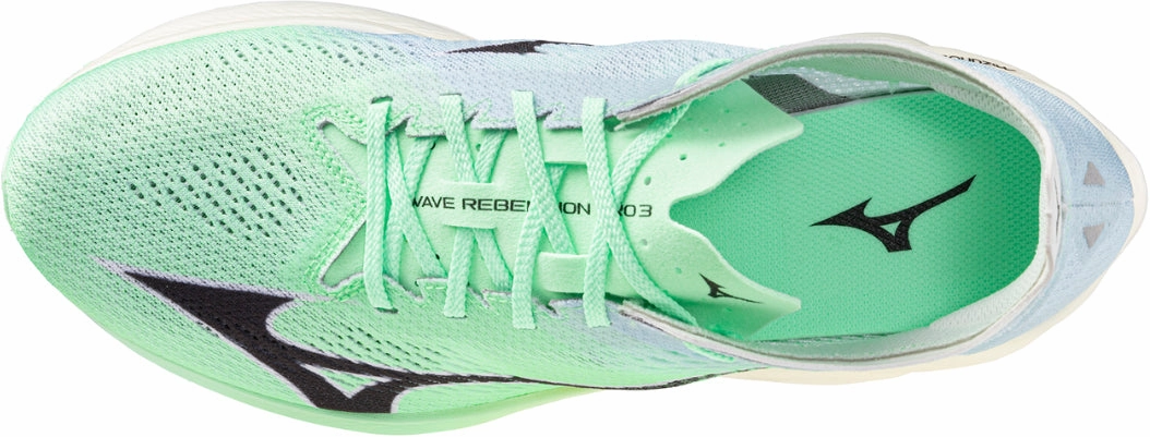 Hyper Bounce Polymer aerobic exercise shoe suitability Mizuno Wave Rebellion Pro 3 Running Shoes - Green