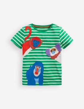 City Smart Look Short Sleeve Appliqu?? T-shirt-Bright Green Striped Monkeys