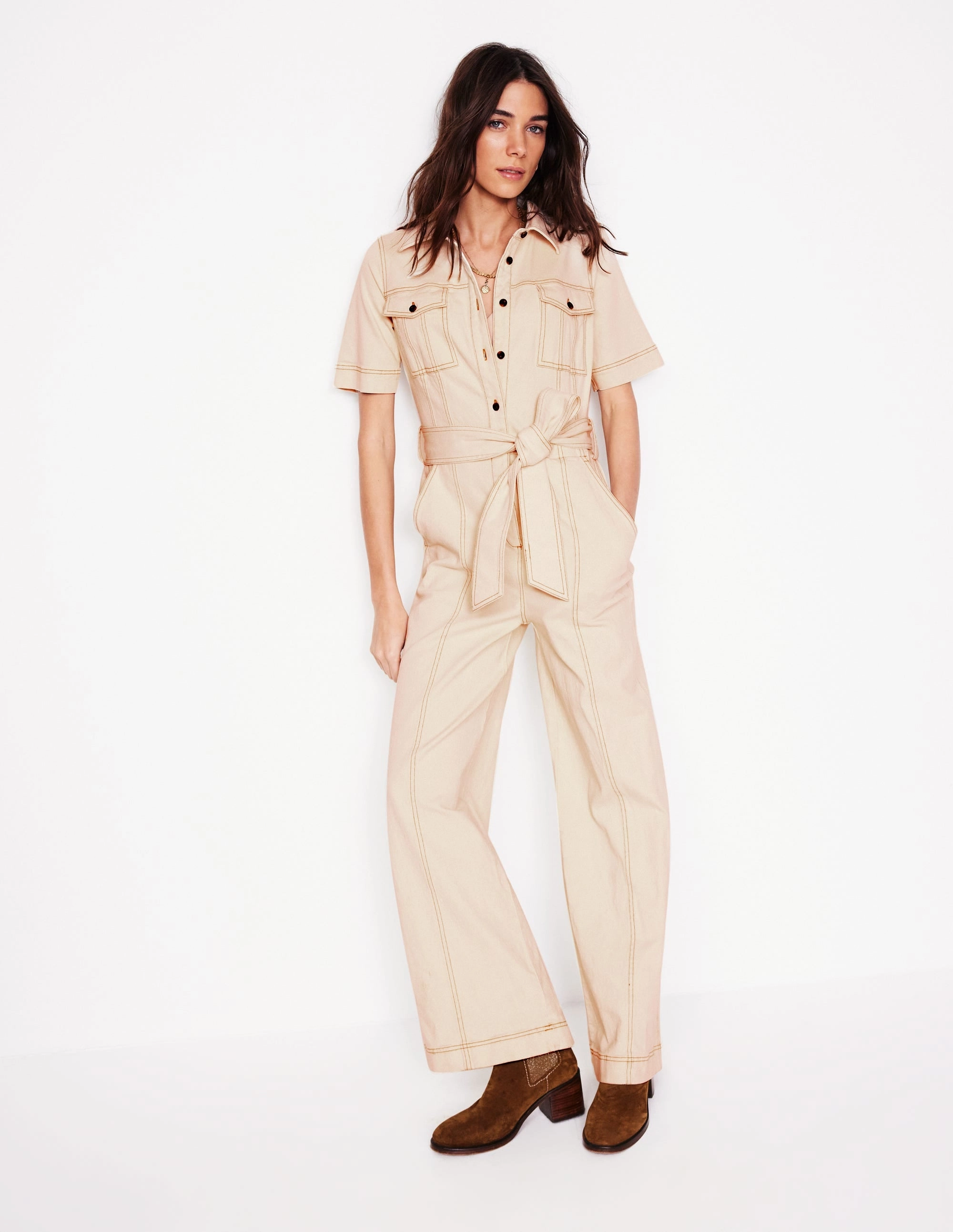 Self Power Short Sleeve Denim Jumpsuit-Ecru